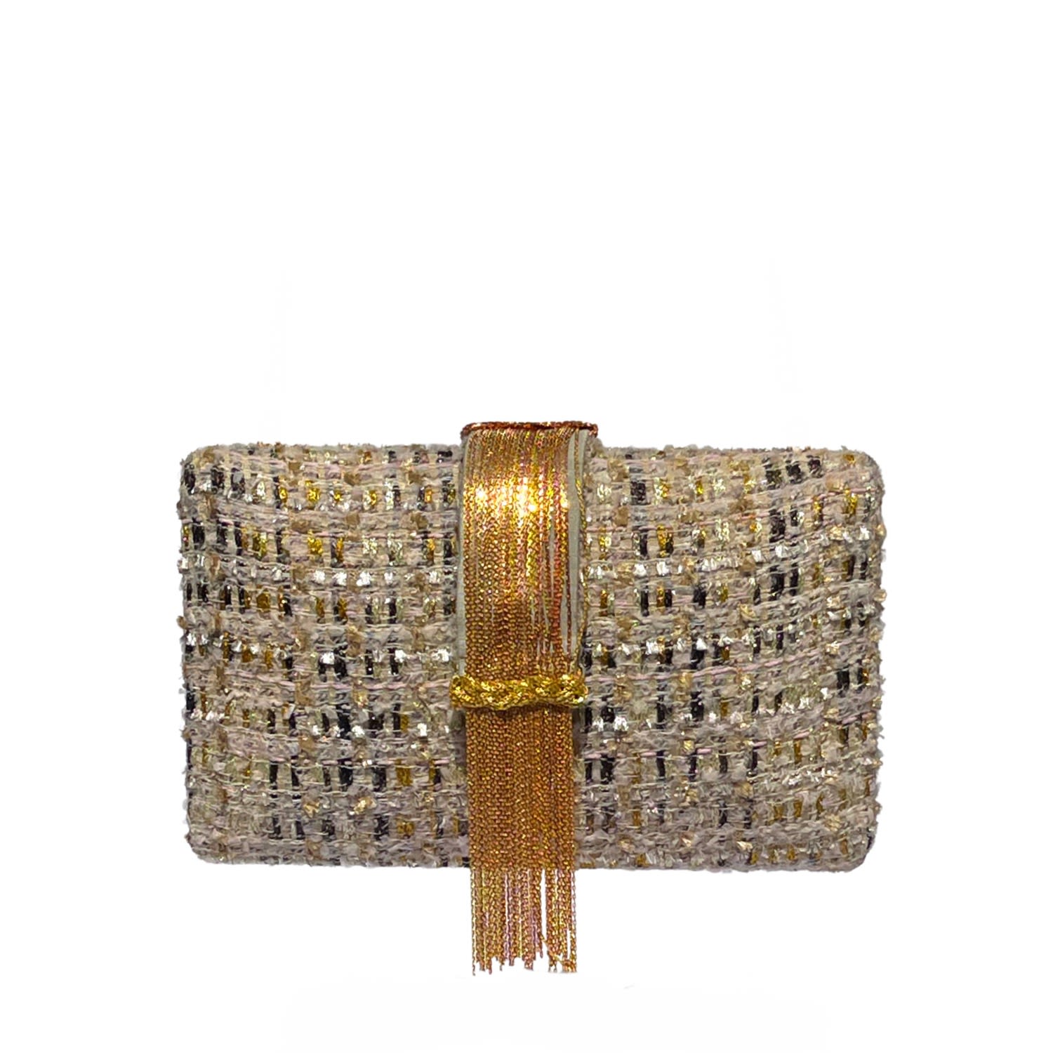 Women’s Gold / Brown Beige Tweed Fringe Clutch Simitri