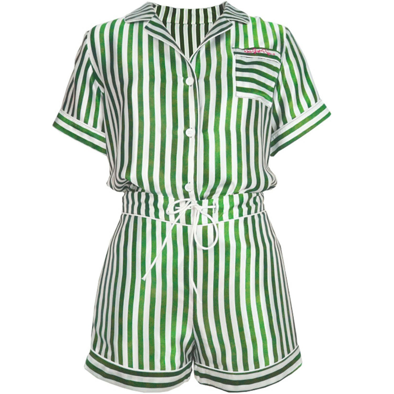 Not Just Pajama Women's Green Silk Striped Short Pajama Set In Green