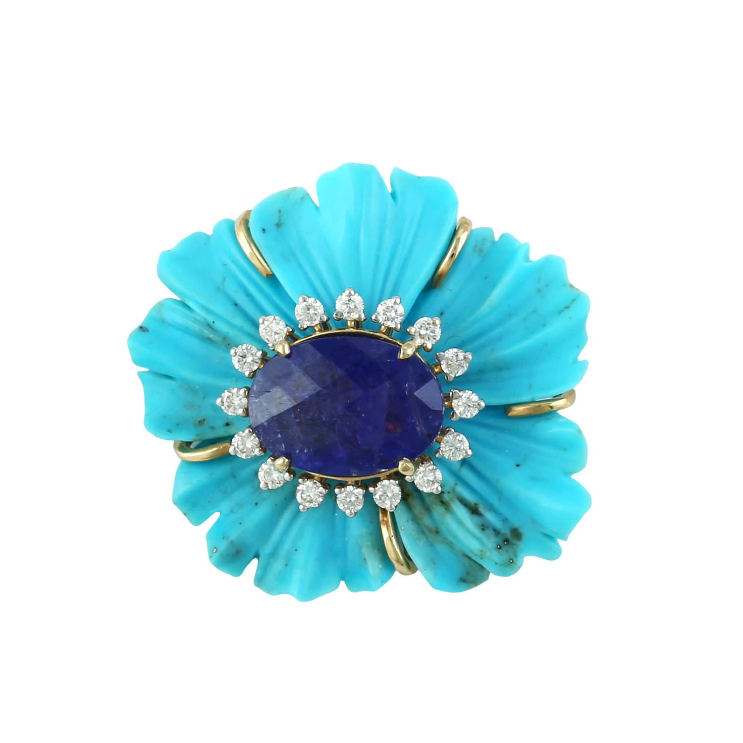 Women's Gold / White / Blue 18K Yellow Gold Carved Turquoise, Tanzanite & Diamond Flower Pendant | Artisan