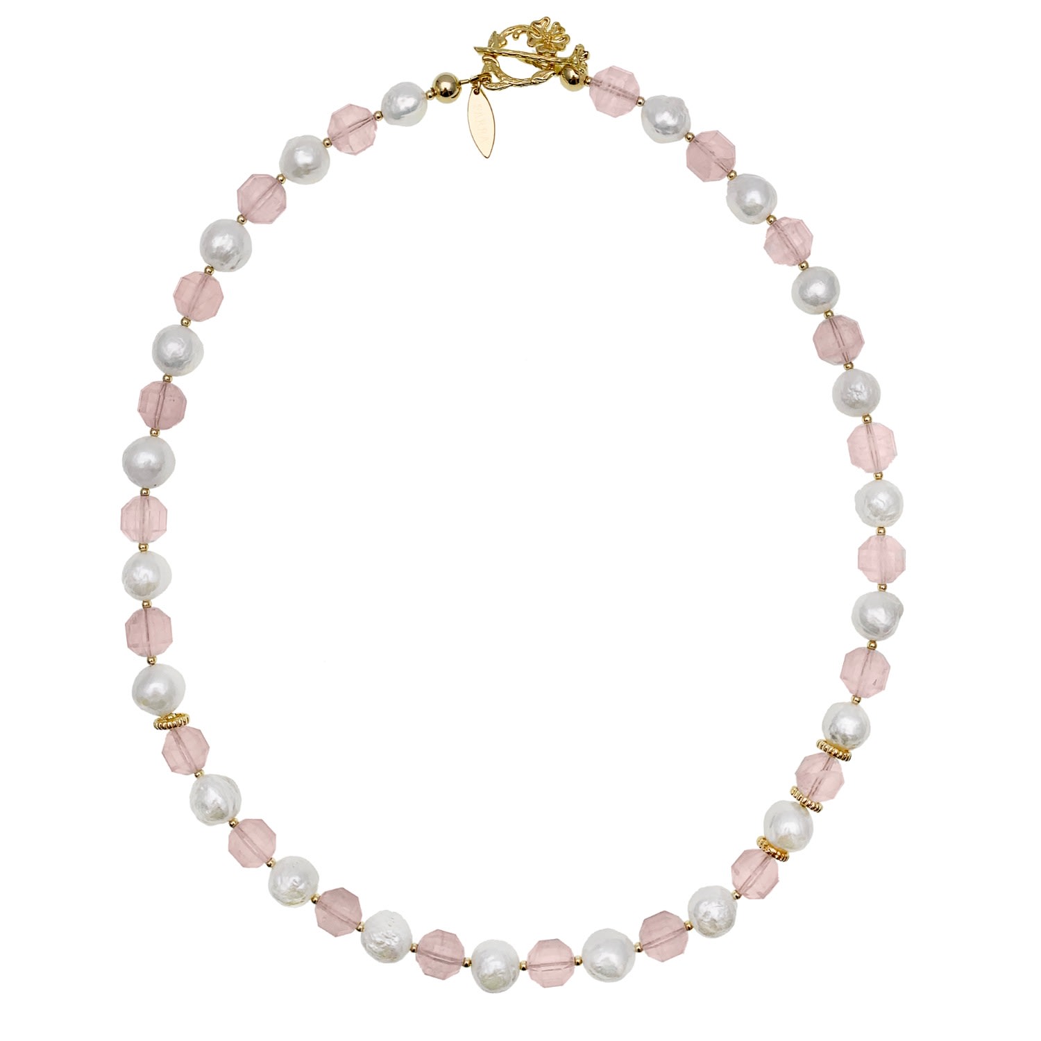 Farra Women's Rose Quartz With Freshwater Pearls Simple Short Necklace In Yellow
