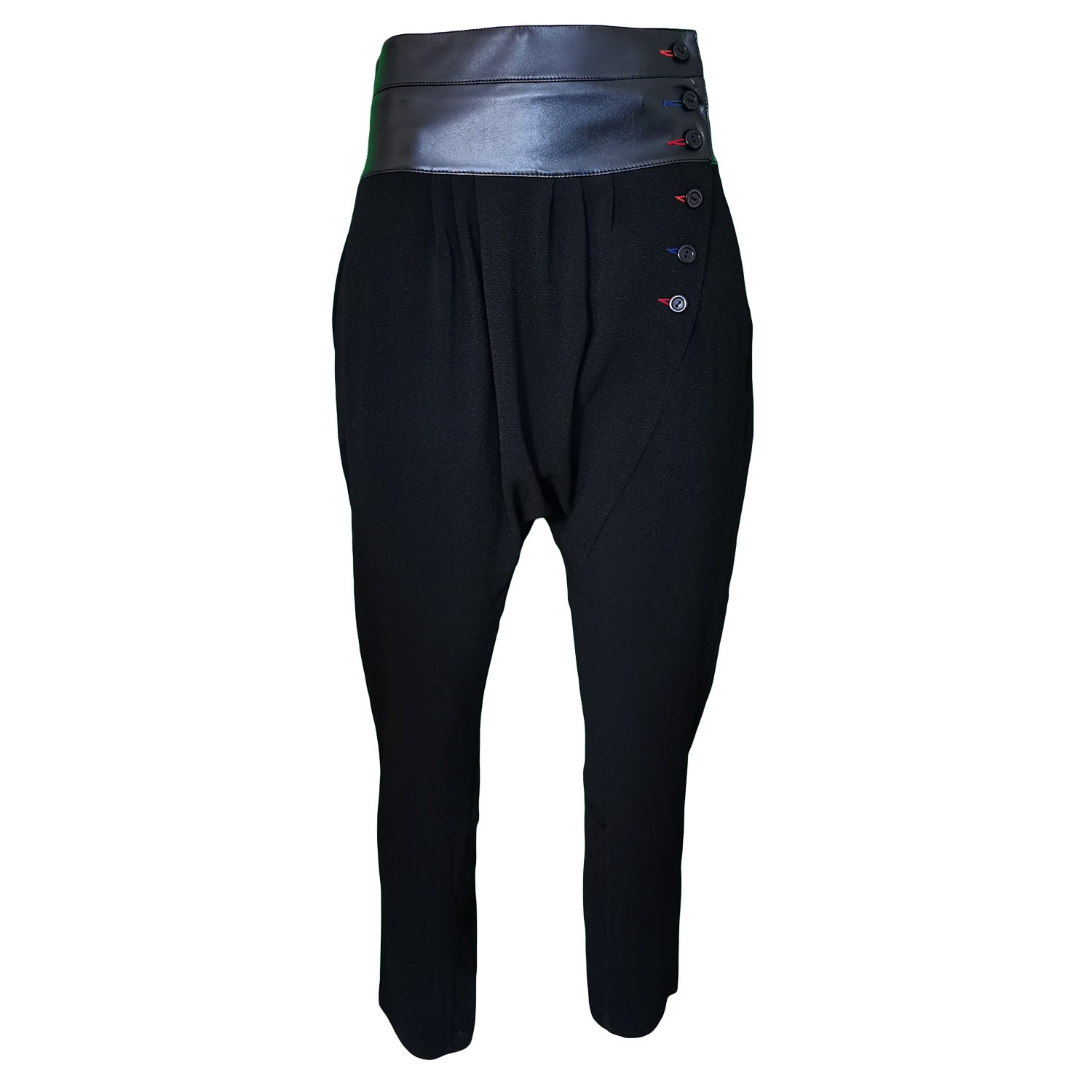 Lalipop Design Women's Black Harem Pants With Colored Buttonholes & Vegan Leather Waistline In Black