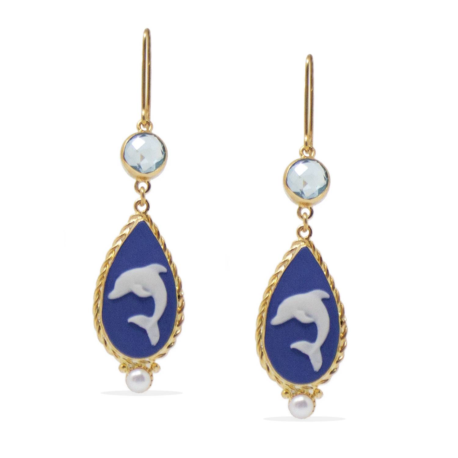 Vintouch Italy Women's Blue / Gold Dolphins Cameo Earrings With Blue Topaz In Multi