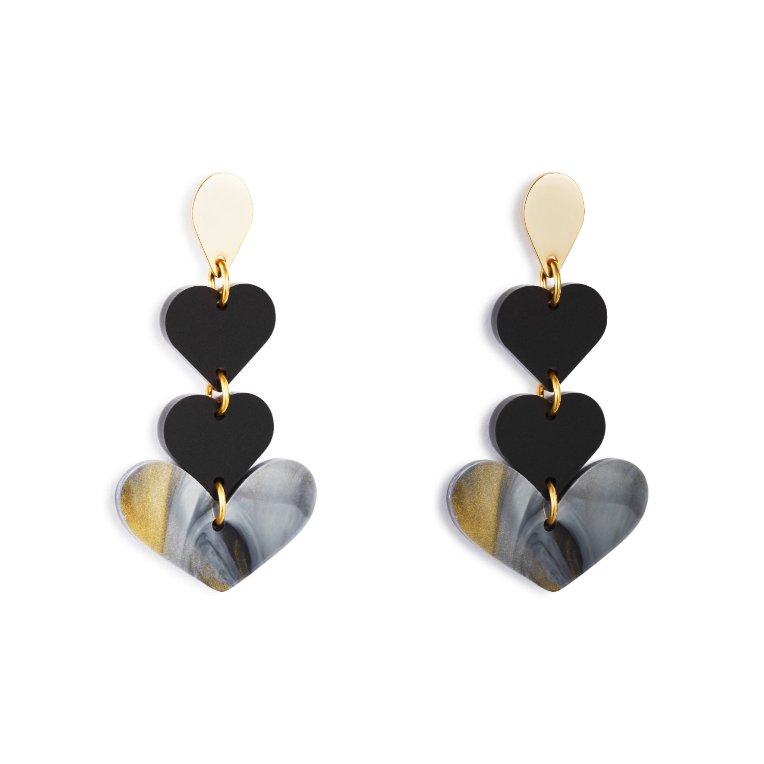 Toolally Women's Black / Gold Heart Drop Earrings - Black