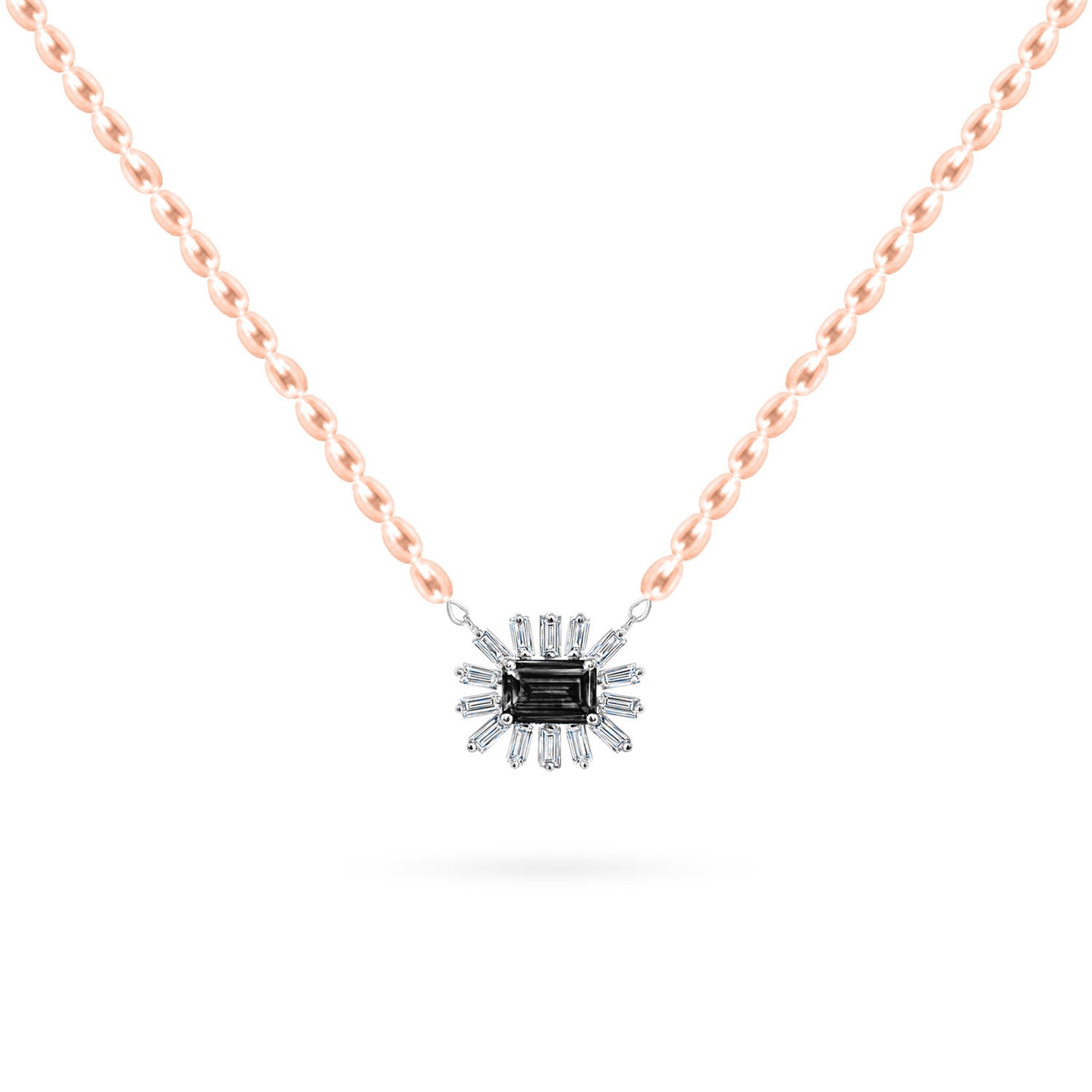 Women’s Necklace Cleopatra Baguette Rose Pearls On 18K White Gold, Diamonds And Precious Stones Onyx Aquae Jewels