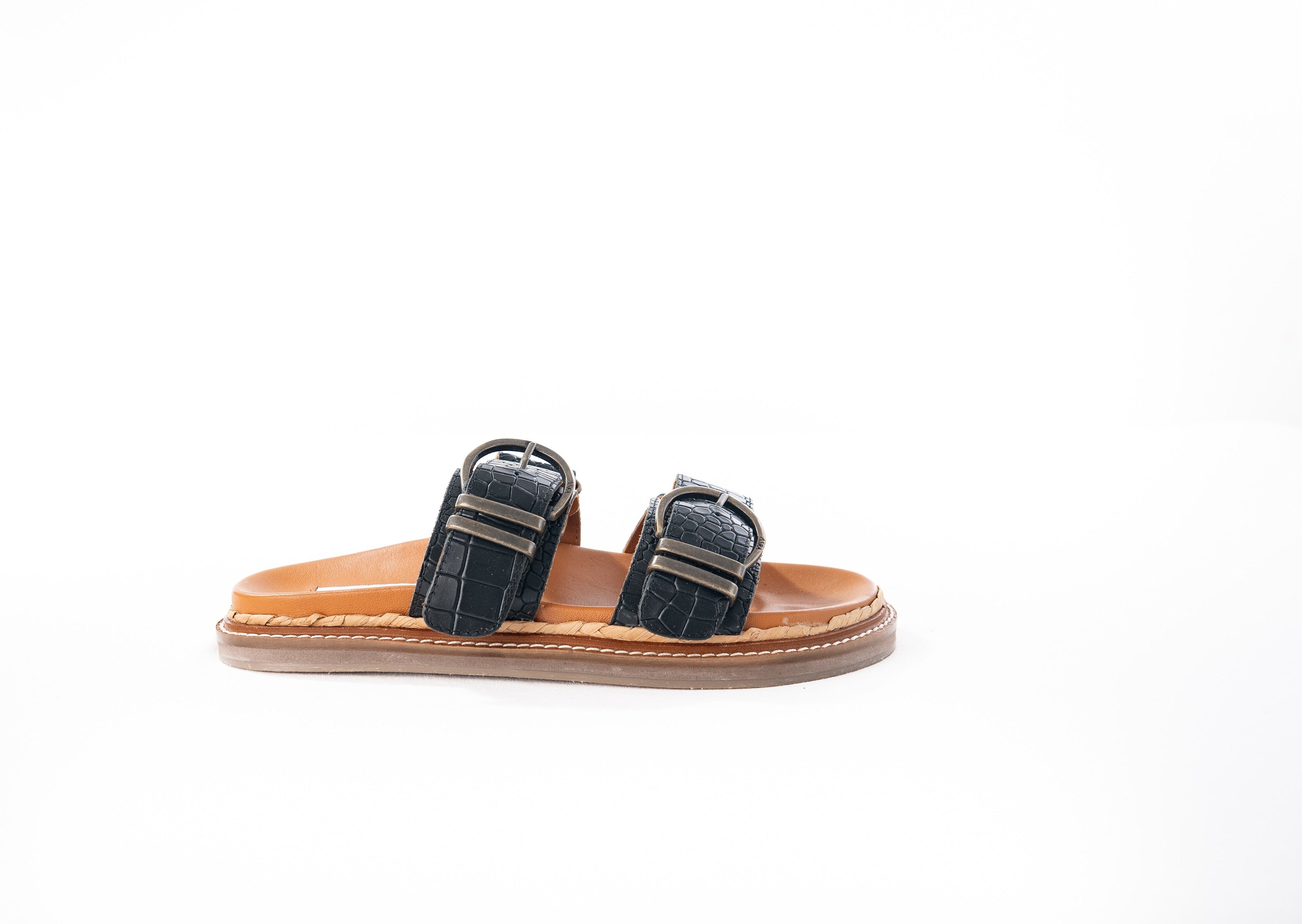 Asra Women's Maggie - Black Croc Leather Flat Sandal