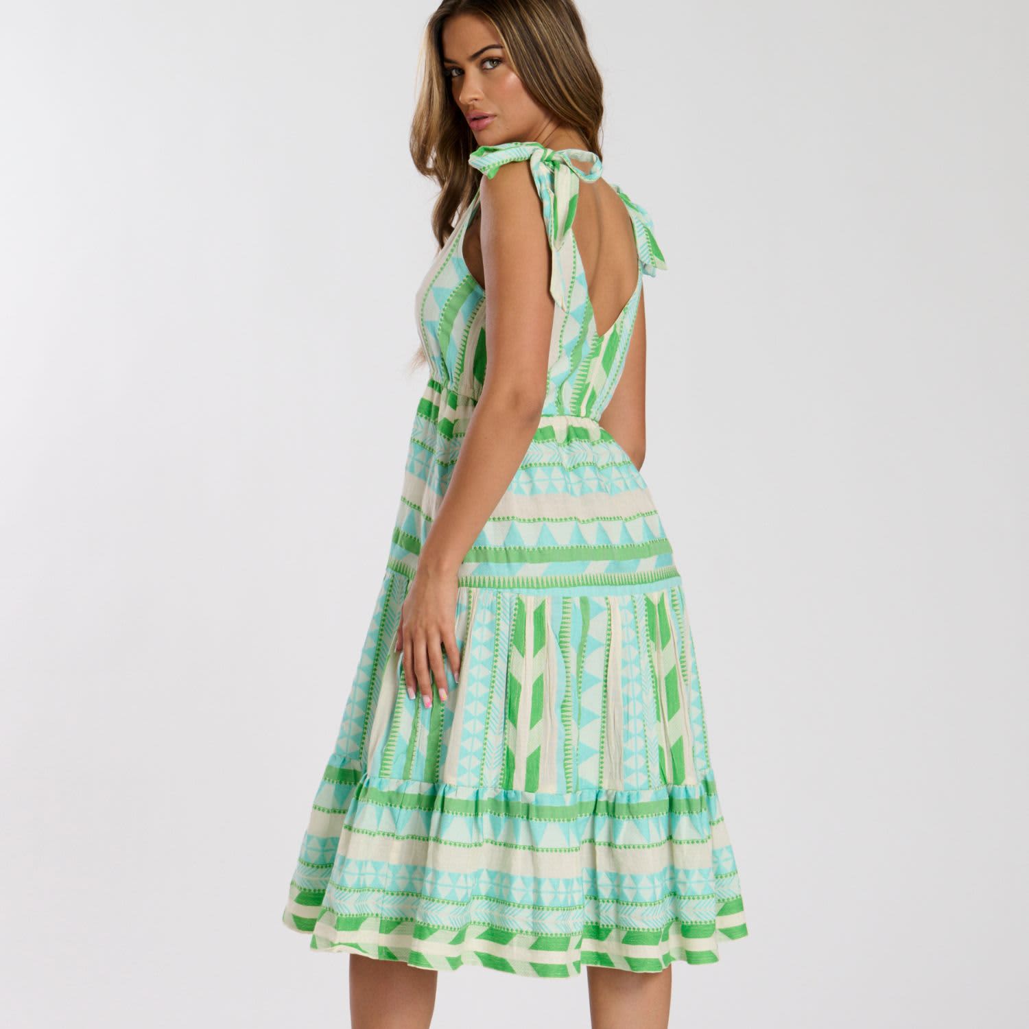 Cove Aztec Jacquard Tie Shoulder Midi Dress - Green/blue