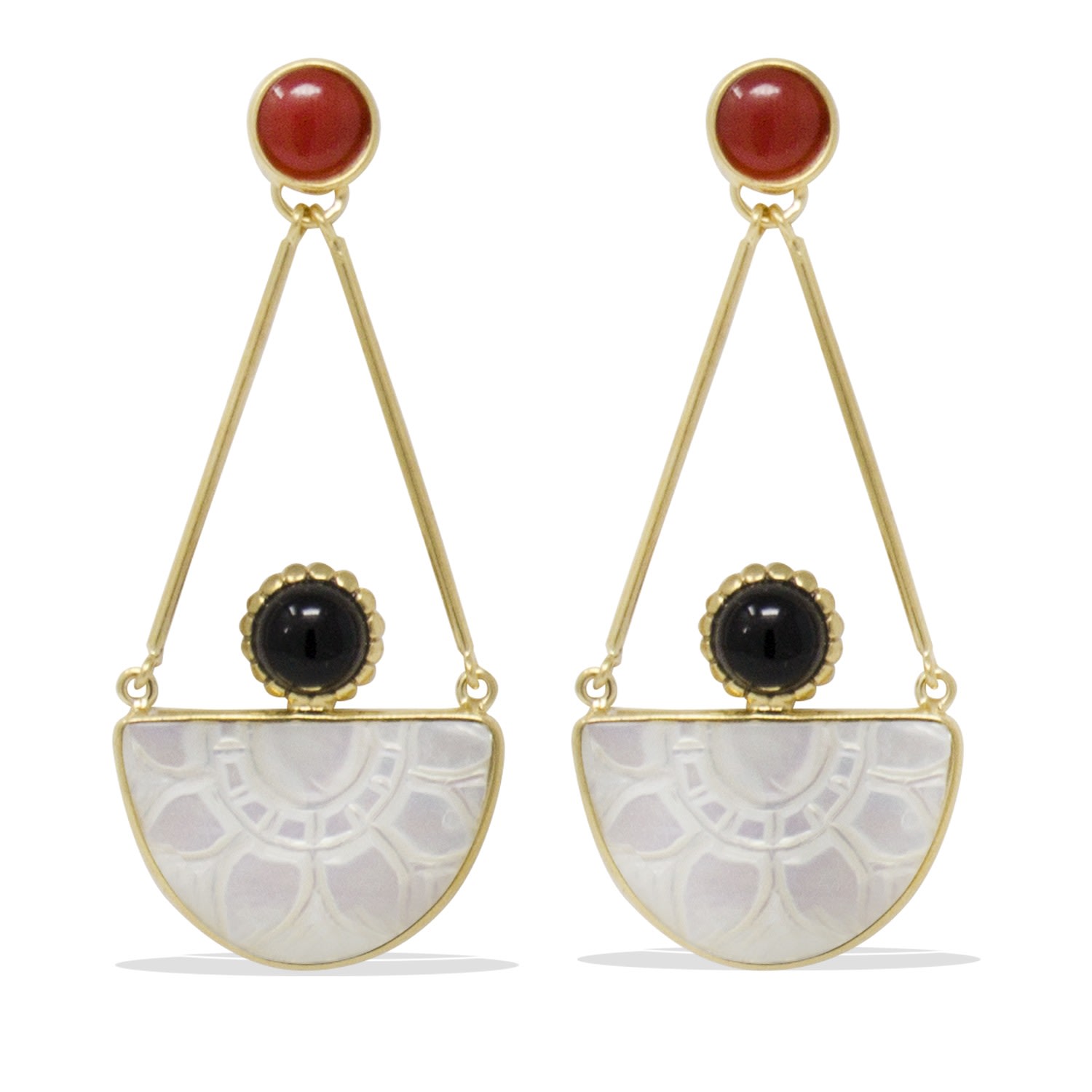 Women’s Gold Opera Onyx, Carnelian & Mother Of Pearl Earrings Vintouch Italy