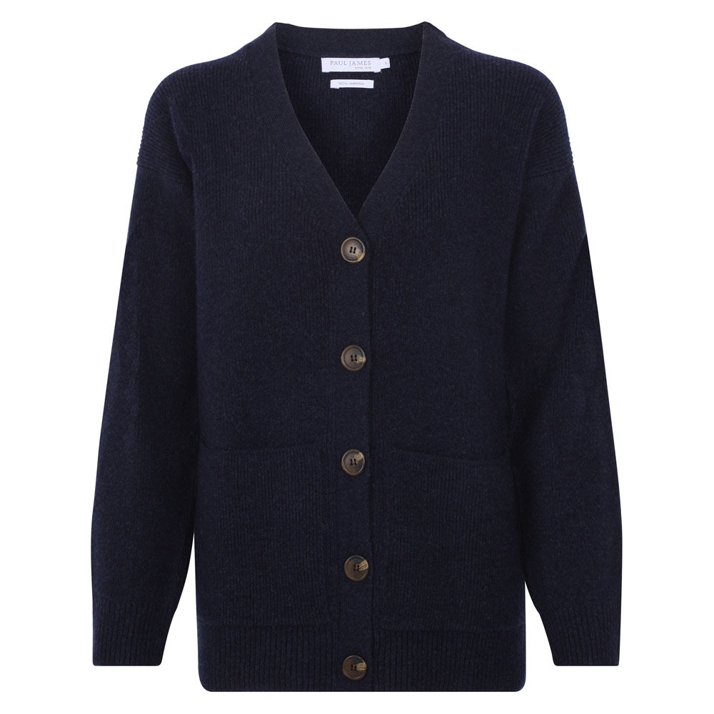 Paul James Knitwear Womens Lambswool V Neck Ribbed Layla Cardigan With Pockets - Oxford Blue In Blue