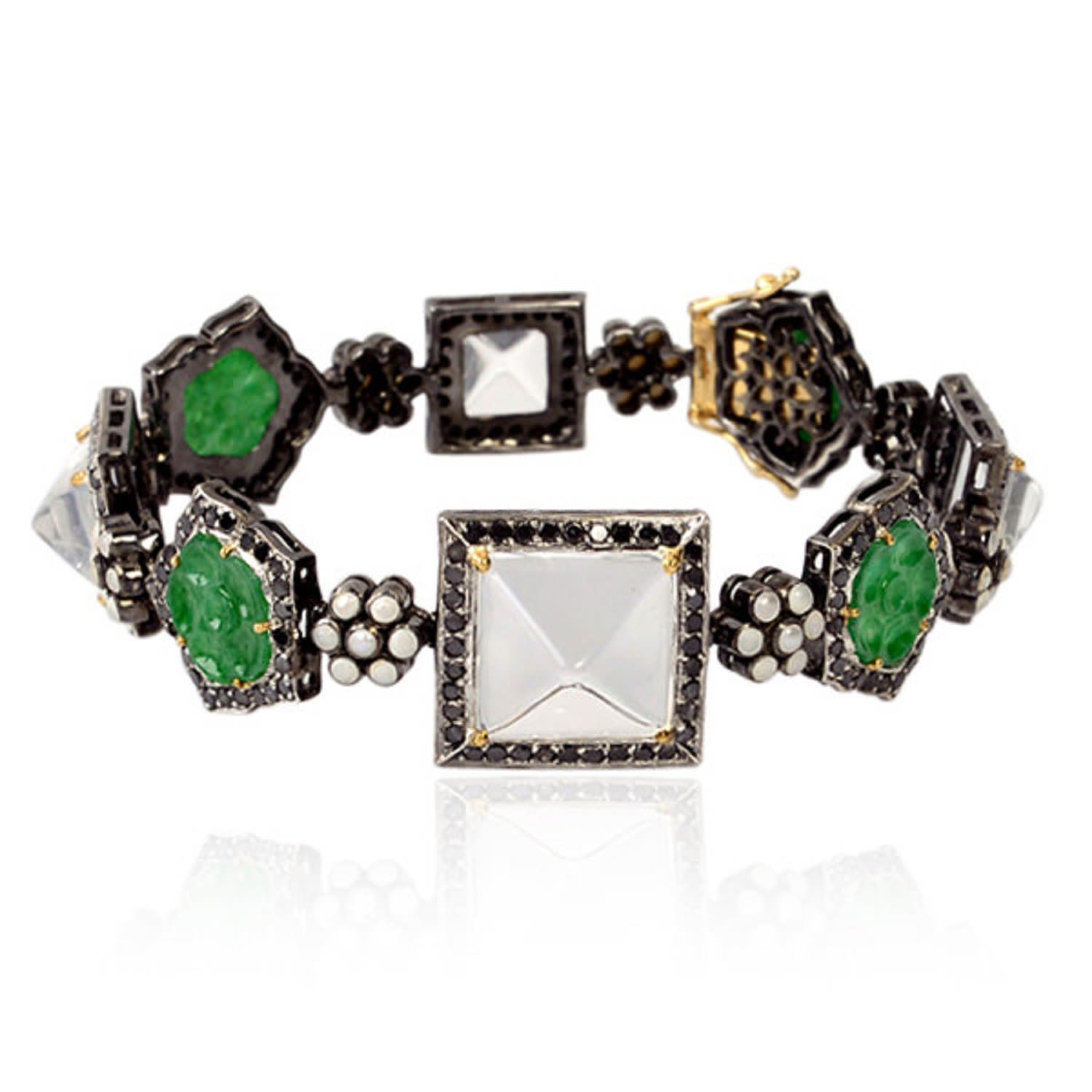 Women’s Gold / Green 18K Gold 925 Silver In Crystal & Carved Jade With Pearl Pave Black Diamond Fixed And Flexible Bracelet Artisan