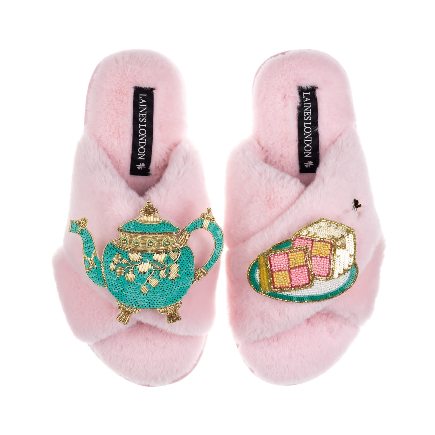 Laines London Women's Laines X Juliet Slippers With Tea & Battenberg Cake Brooches - Pink In Pink