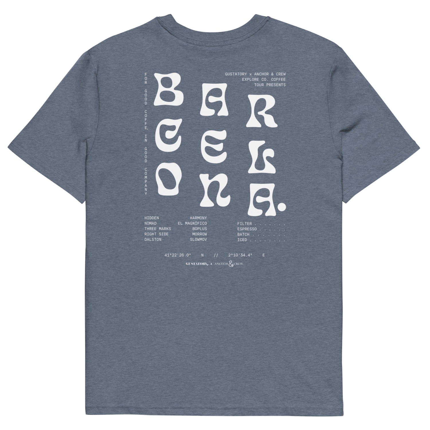 Anchor & Crew Dark Heather Blue Gustatory Barcelona Coffee Scene Organic Cotton Embroidered T-shirt - Women In Blue