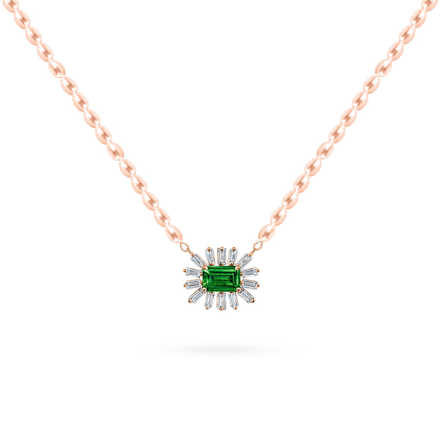 Women’s Necklace Cleopatra Baguette Rose Pearls On 18K Rose Gold Diamonds And Precious Stones Emerald Aquae Jewels