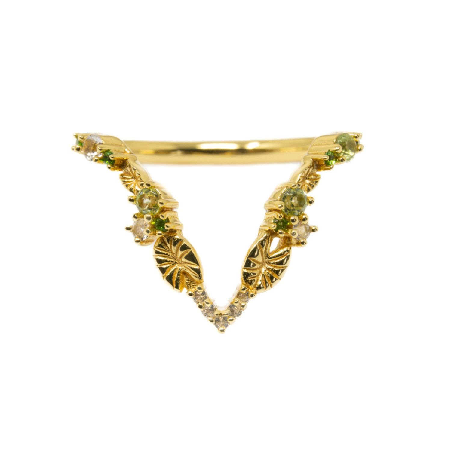 Nasi Silver Women's Green / White Lilypad Wishbone Ring- Peridot- Chrome Diopside & White Topaz- Gold