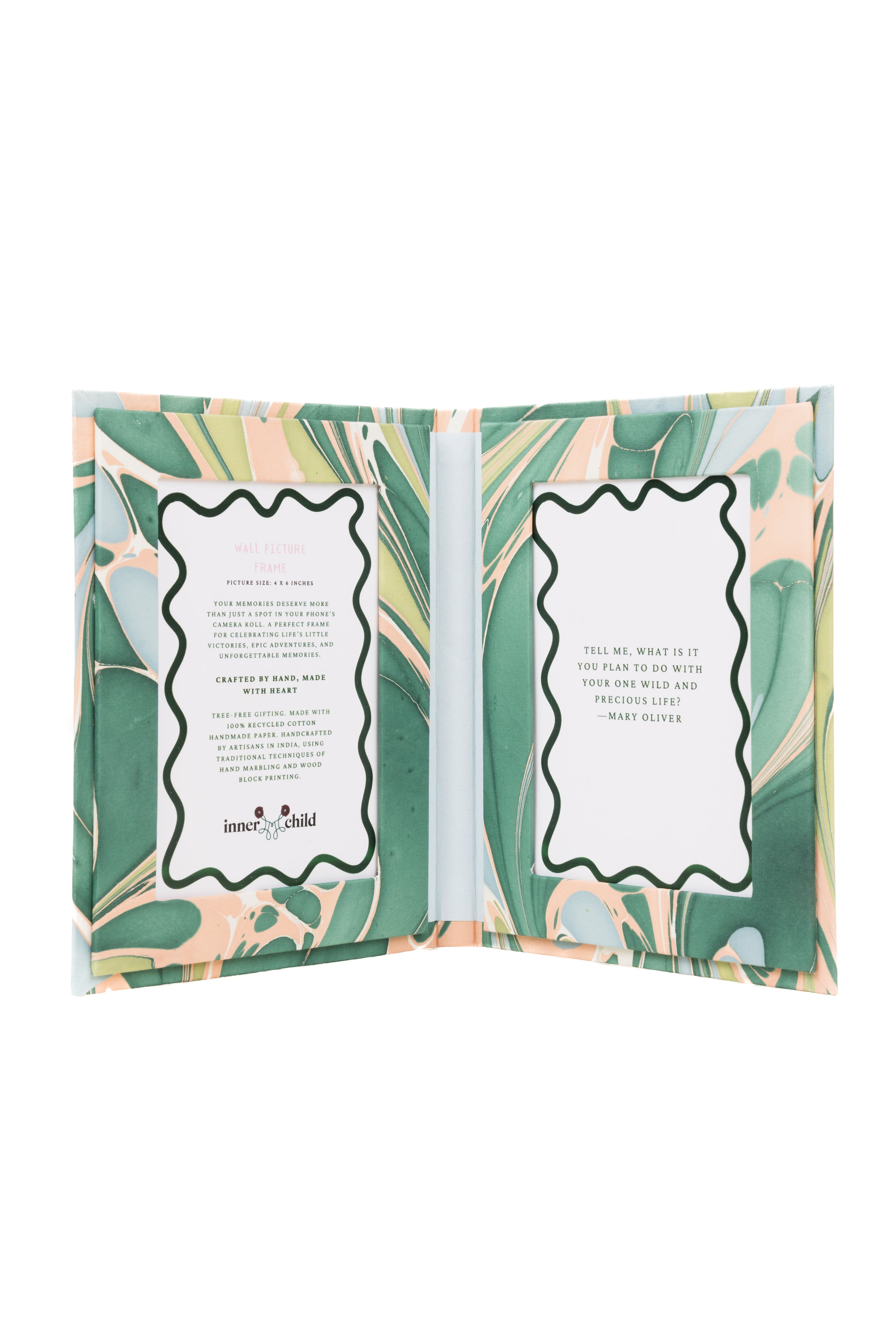 Inner Child Green / Pink / Purple Hand Marbled Picture Frame Folding Book In Green & Pink