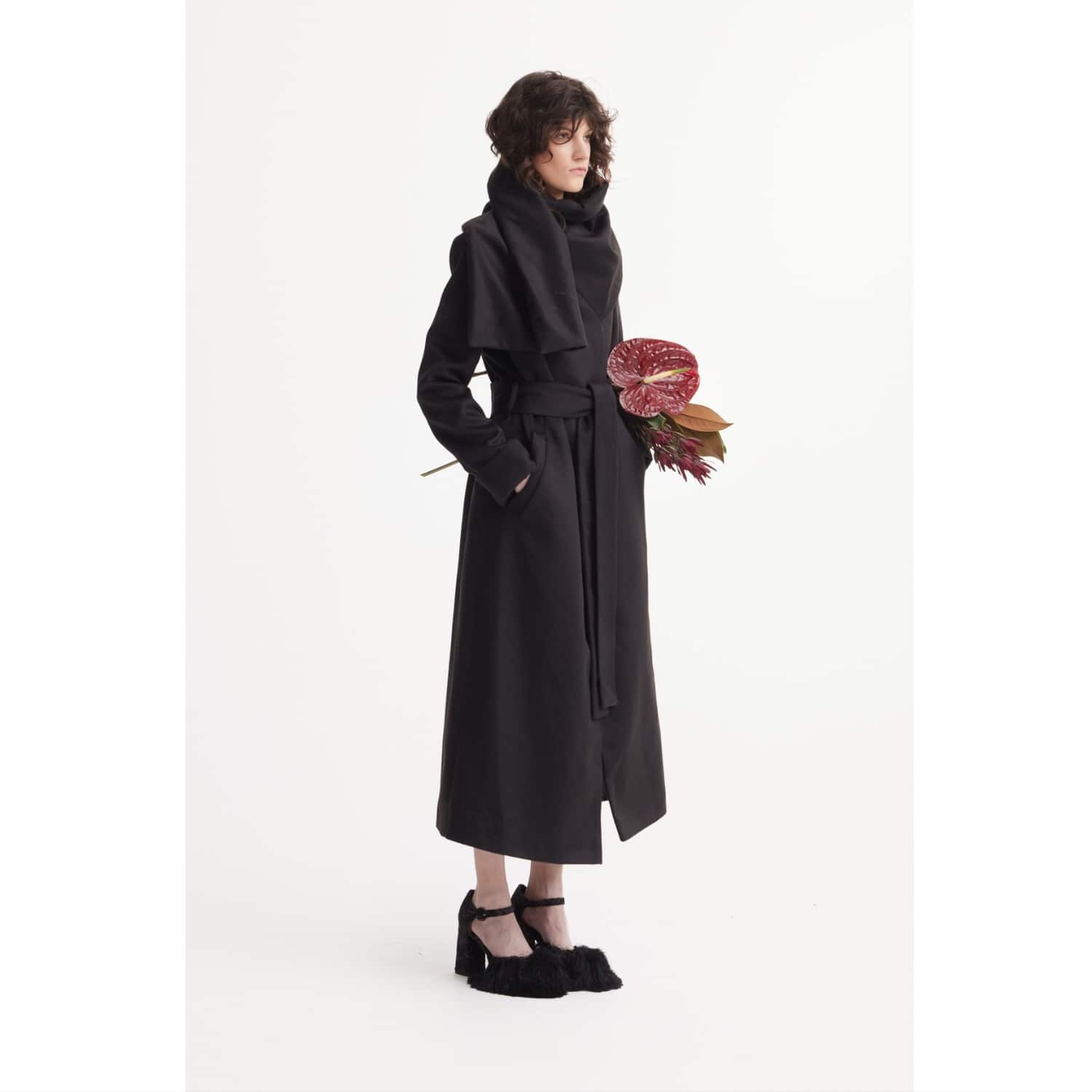 Long Wrap Coat With Drape Collar Black | Julia Allert | Wolf & Badger