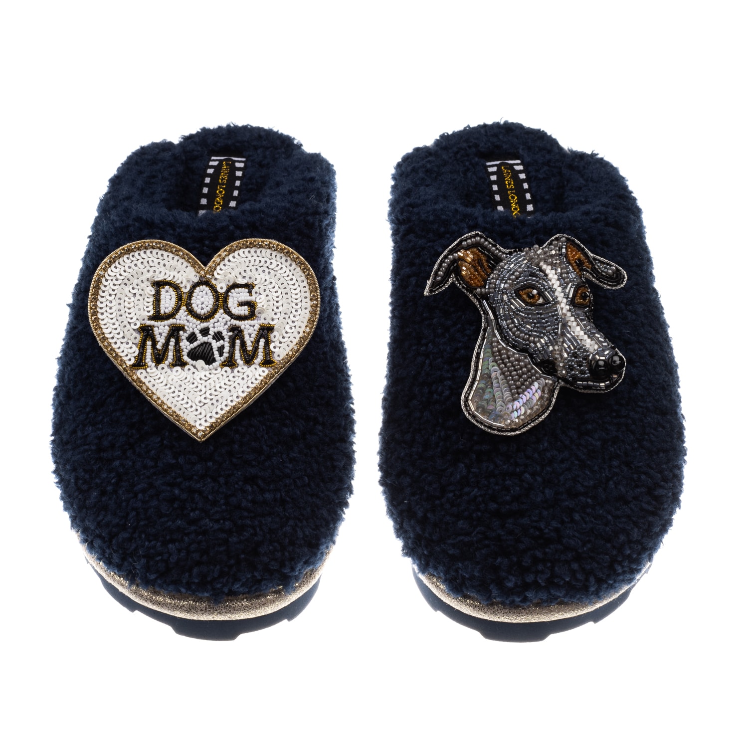 Laines London Women's Blue Teddy Closed Toe Slippers With Vinny Italian Greyhound & Dog Mum / Mom Brooches - Navy In Blue