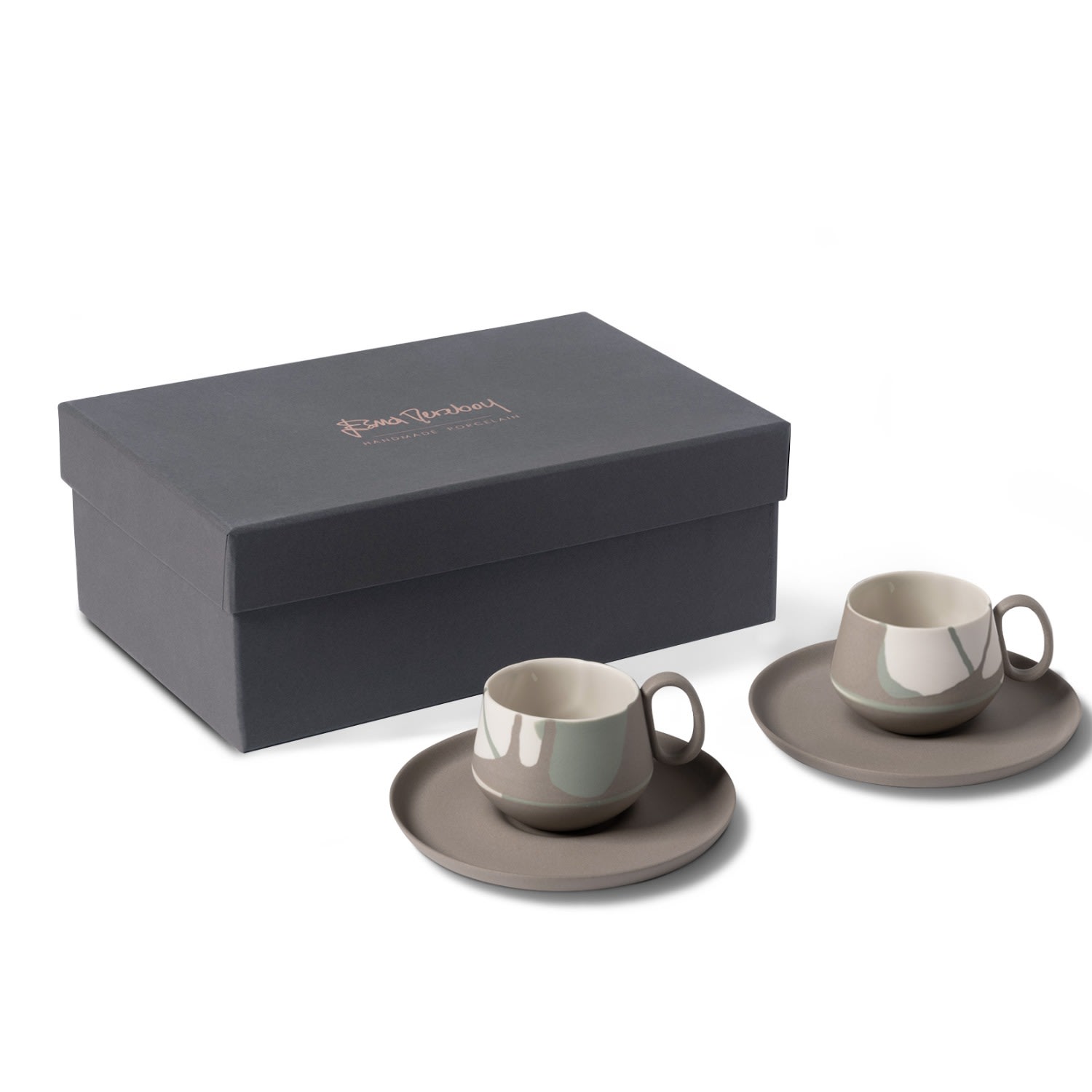 Tube Espresso Cups With Saucer Set Of Two - Colour Wave - Nile Green & Rock Esma Dereboy