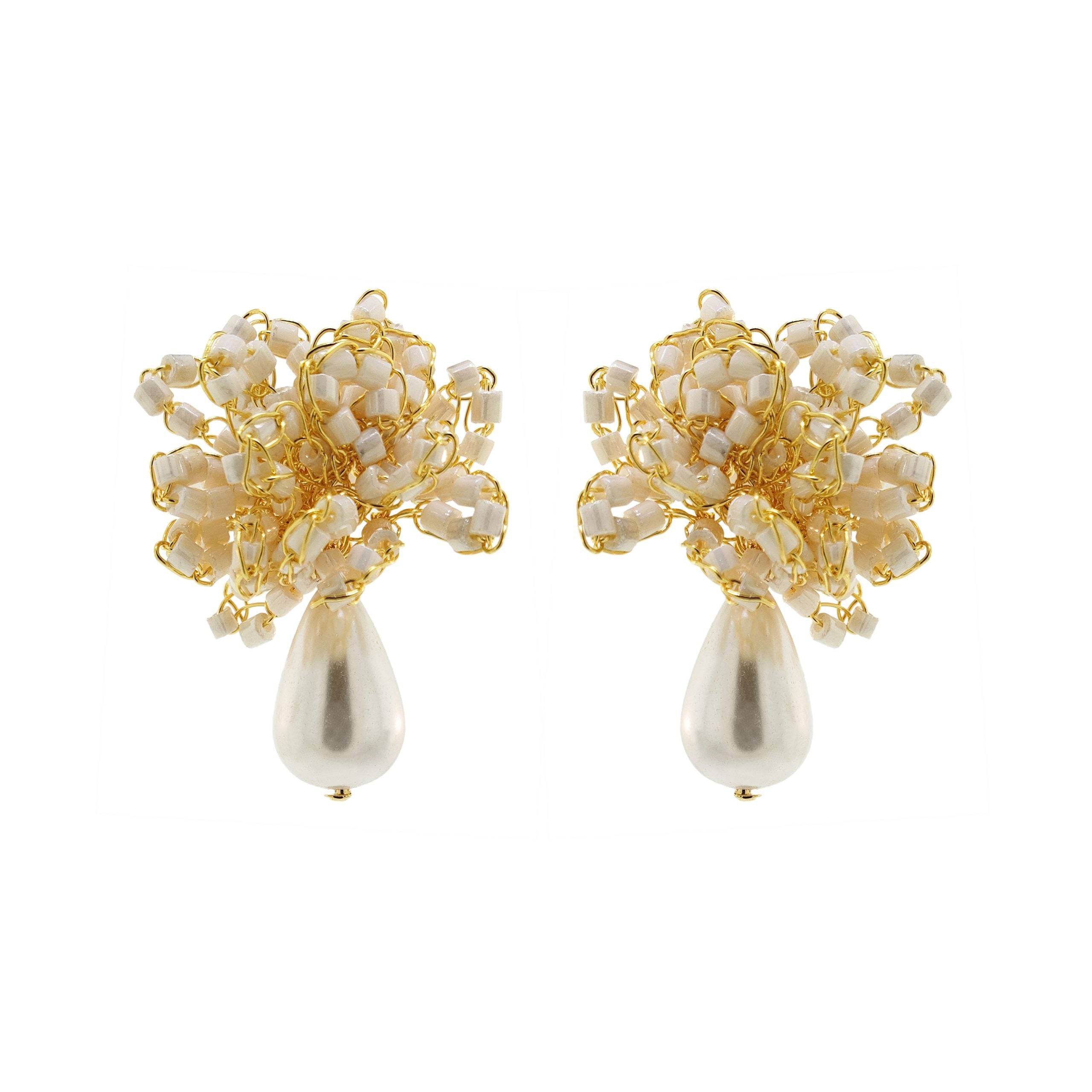 Lavish By Tricia Milaneze Women's Neutrals / Gold / White Pearl & Gold Drizzle Mini Post Handmade Earrings