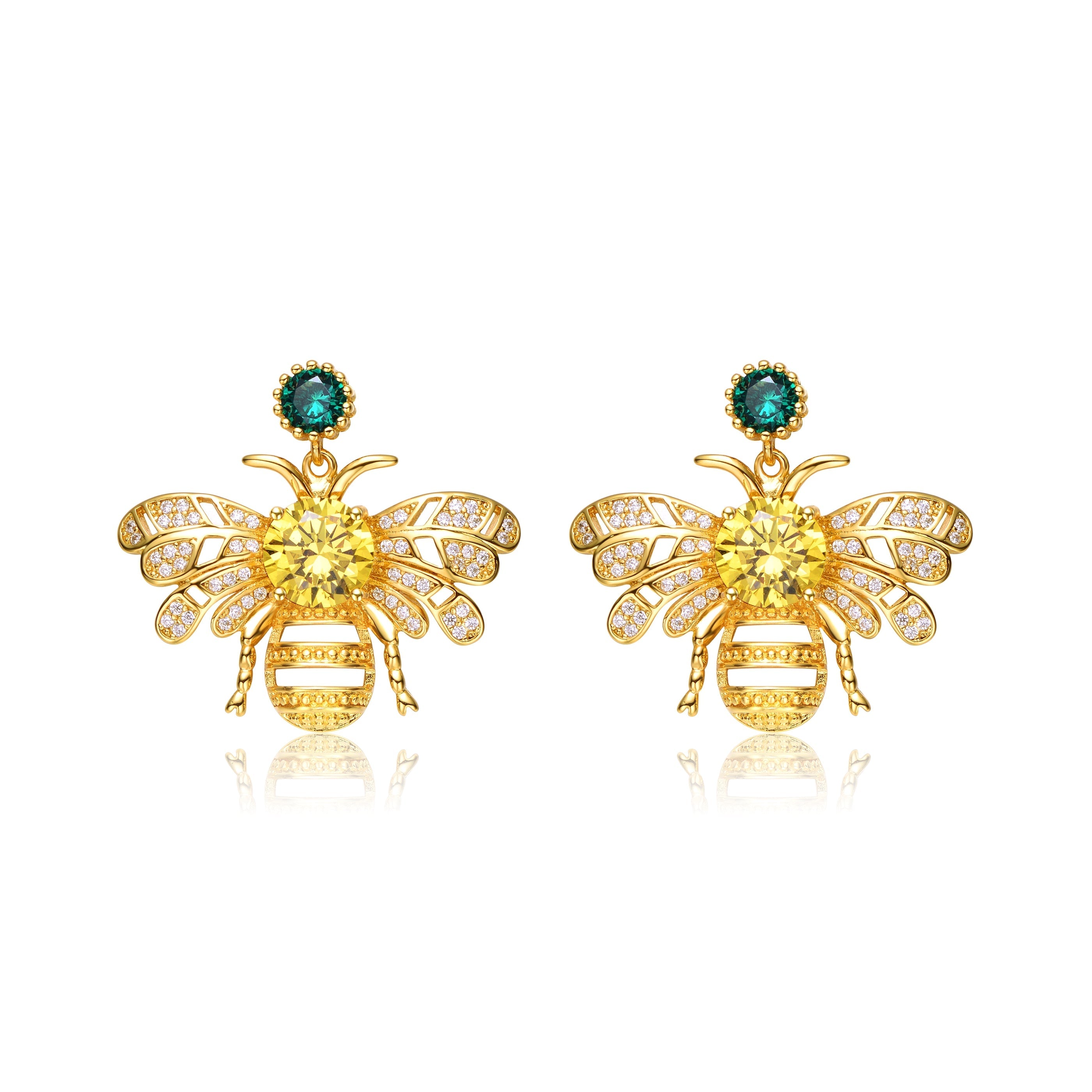 Genevive Jewelry Women's Sterling Silver Gold Plated With Emerald Green Cubic Zirconia Bee Stud Earrings In Green