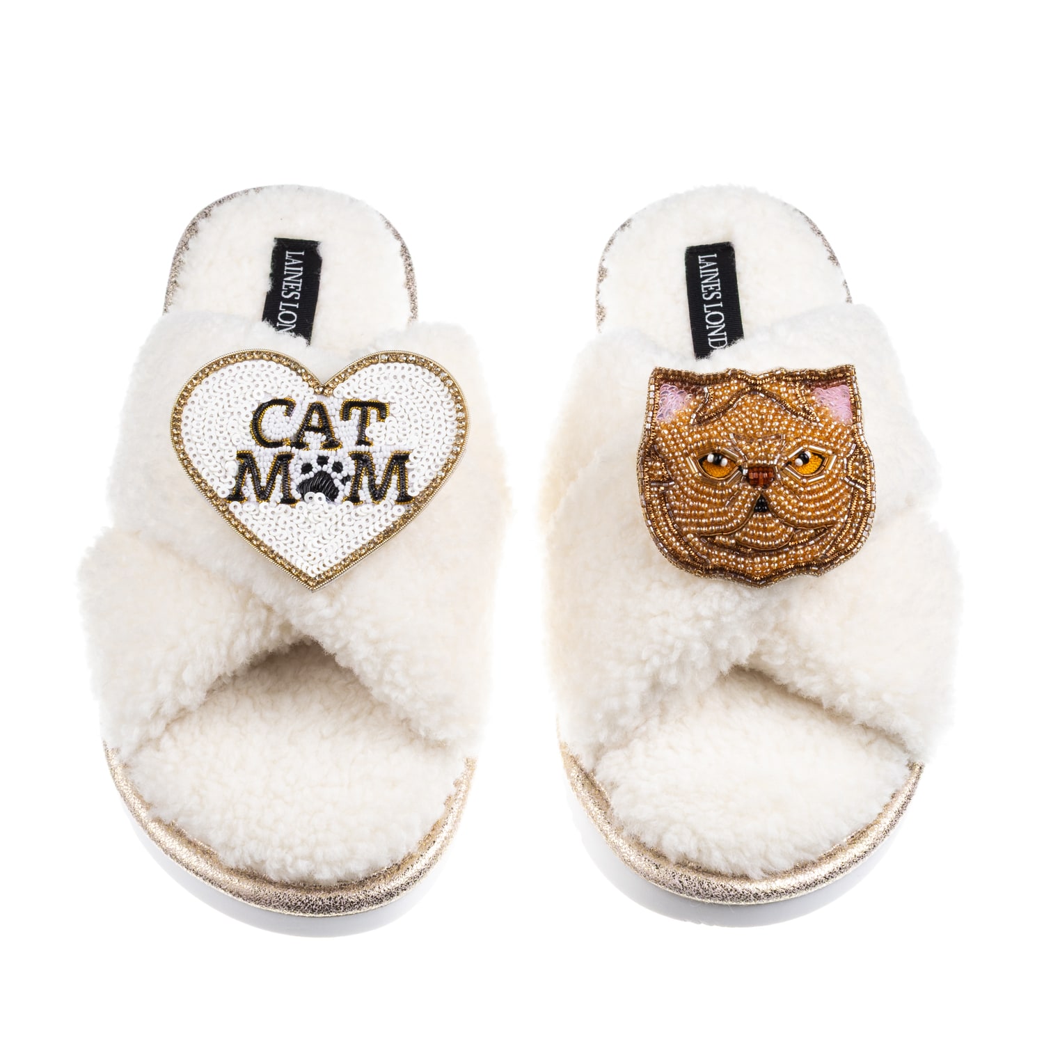 Laines London Women's White / Neutrals Boucle Slippers With Cat Mum/mom & Ginger Persian Cat Brooches - Cream In Neutral