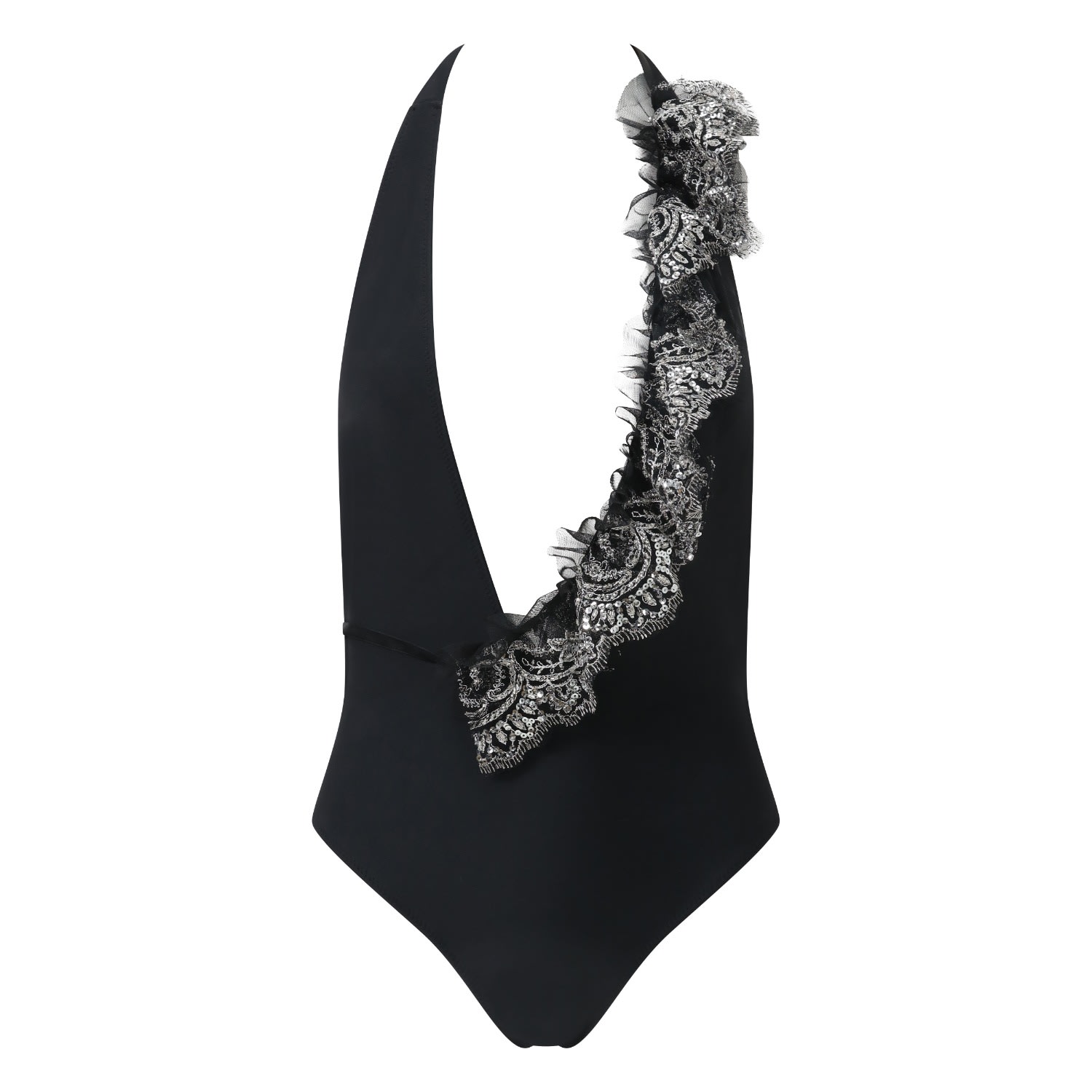 Women’s New Aprs Sun Collection Black Halterneck Swimsuit With Detachable Polka Dot Ruffle And Silver Sequin Lace Ruffle Extra Large Belle-Et-Bonbon