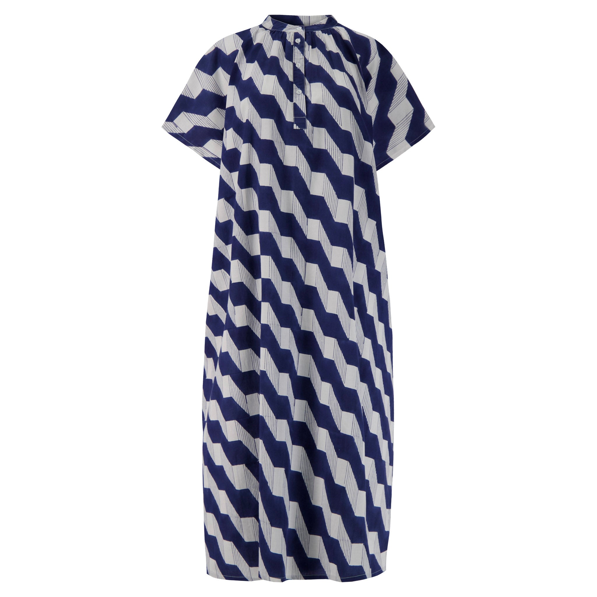 Kate Austin Designs Women's Blue / White Shary Organic Cotton Short-sleeved Long Dress With Gathered Neckline And Side P In Pattern