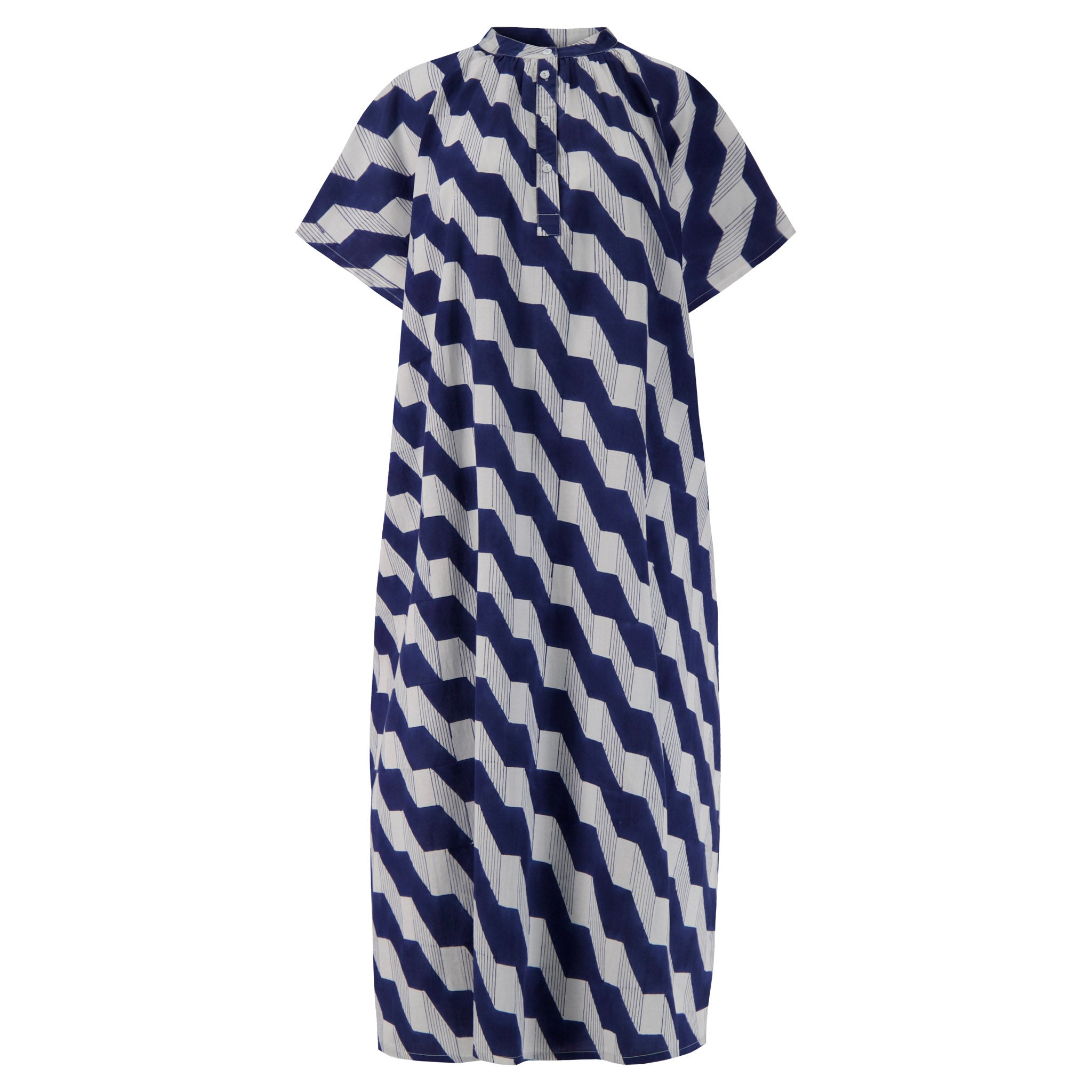 Women’s Blue / White Shary Organic Cotton Short-Sleeved Long Dress With Gathered Neckline And Side Pockets In Three Dimensional Navy Block Print One Size Kate Austin Designs