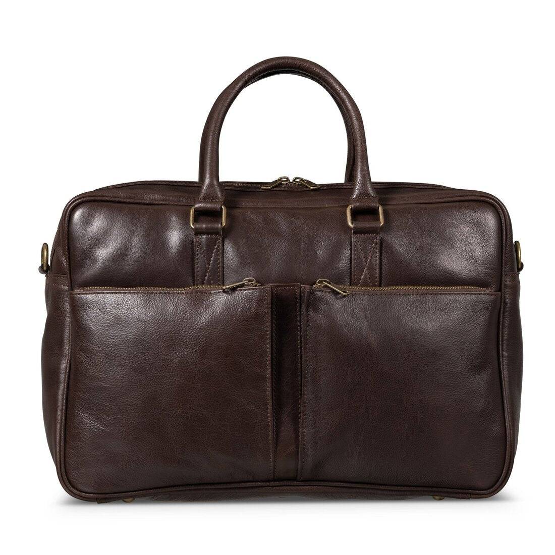 Hides Leather Co. Men's Brown Handmade Leather Briefcase, Slim Laptop Messenger With Shoulder Strap