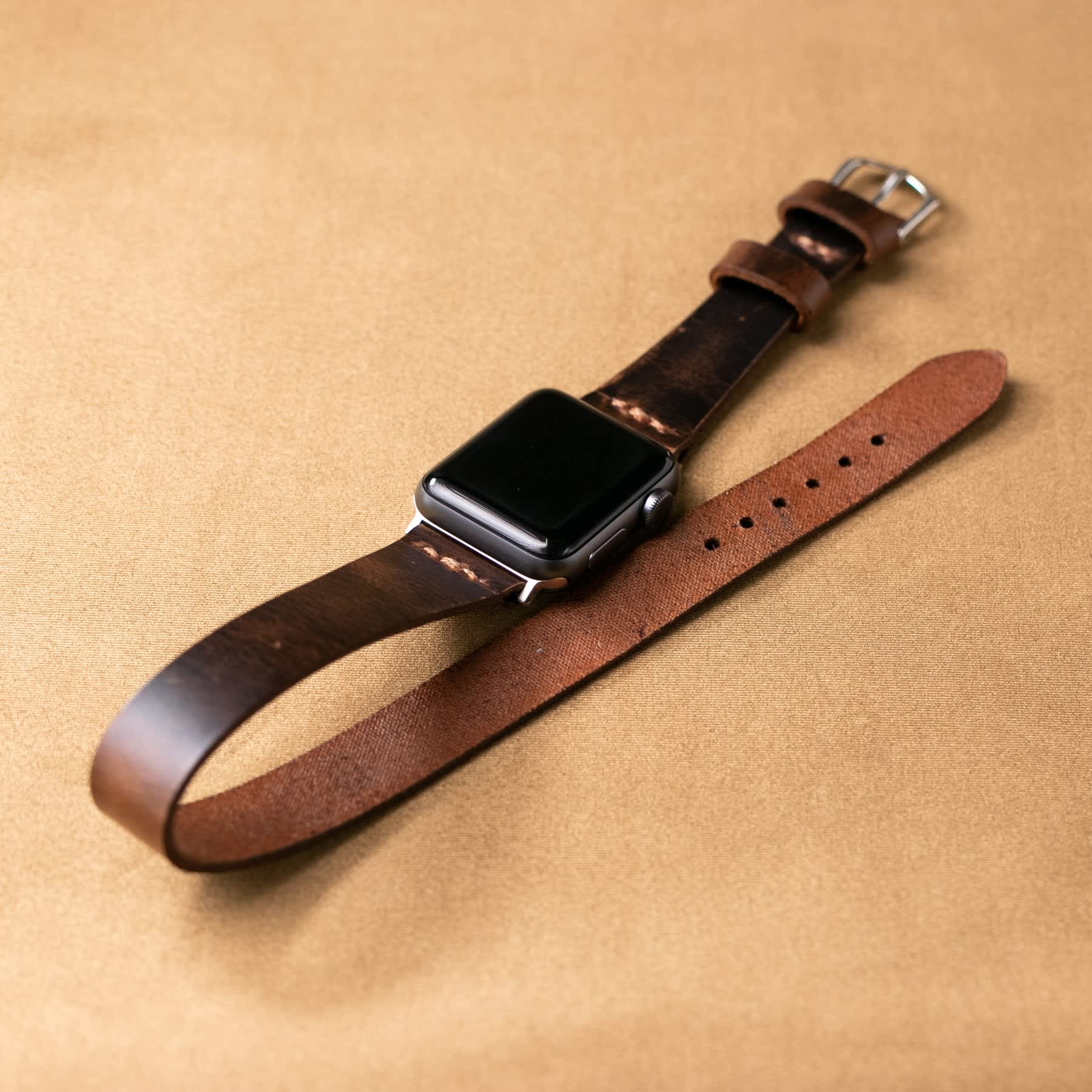 Double Tour Apple Watch Leather Strap Brown Roarcraft Wolf