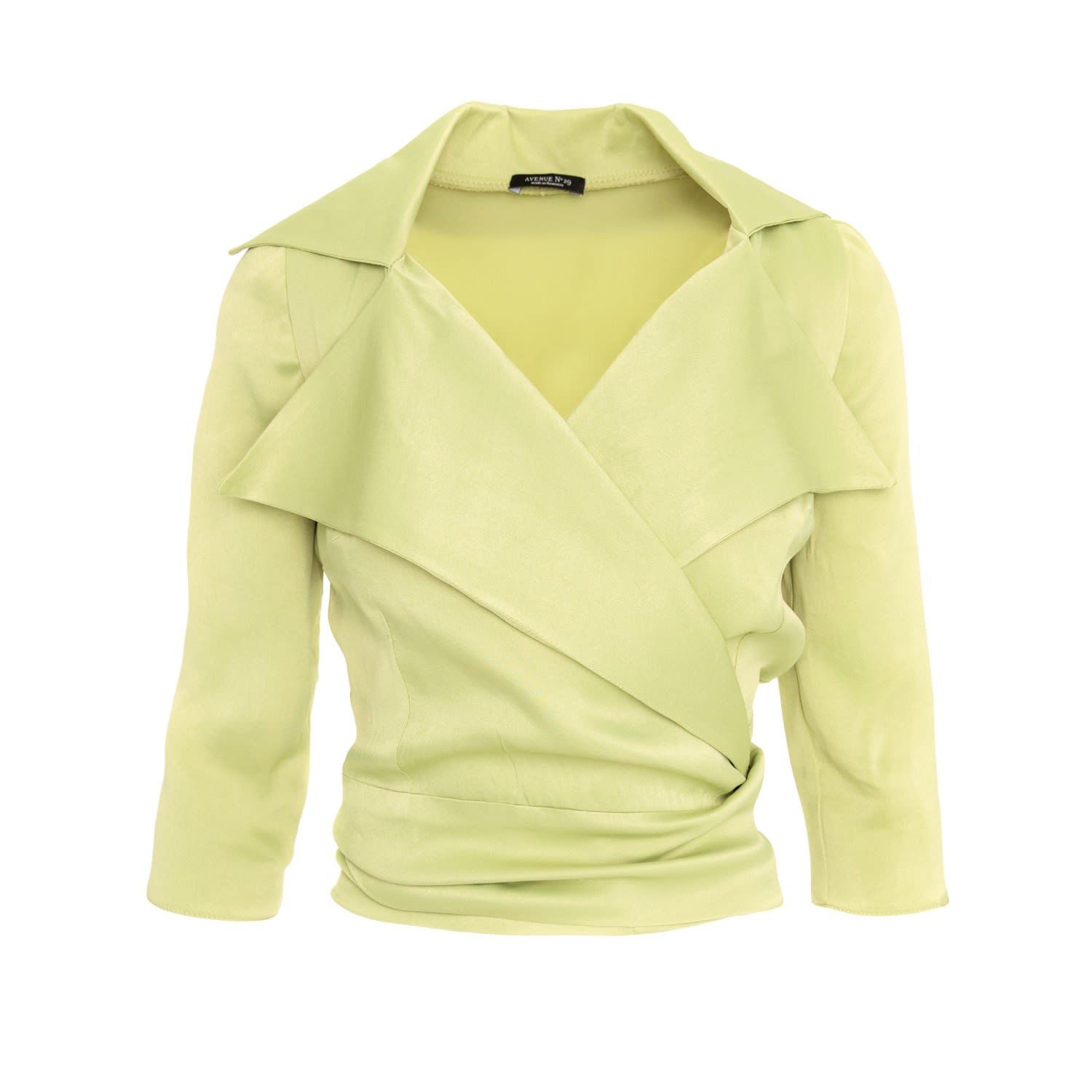 Avenue No.29 Women's Green Satin Viscose Lapel Wrap Blouse With Bow - Lime In Green