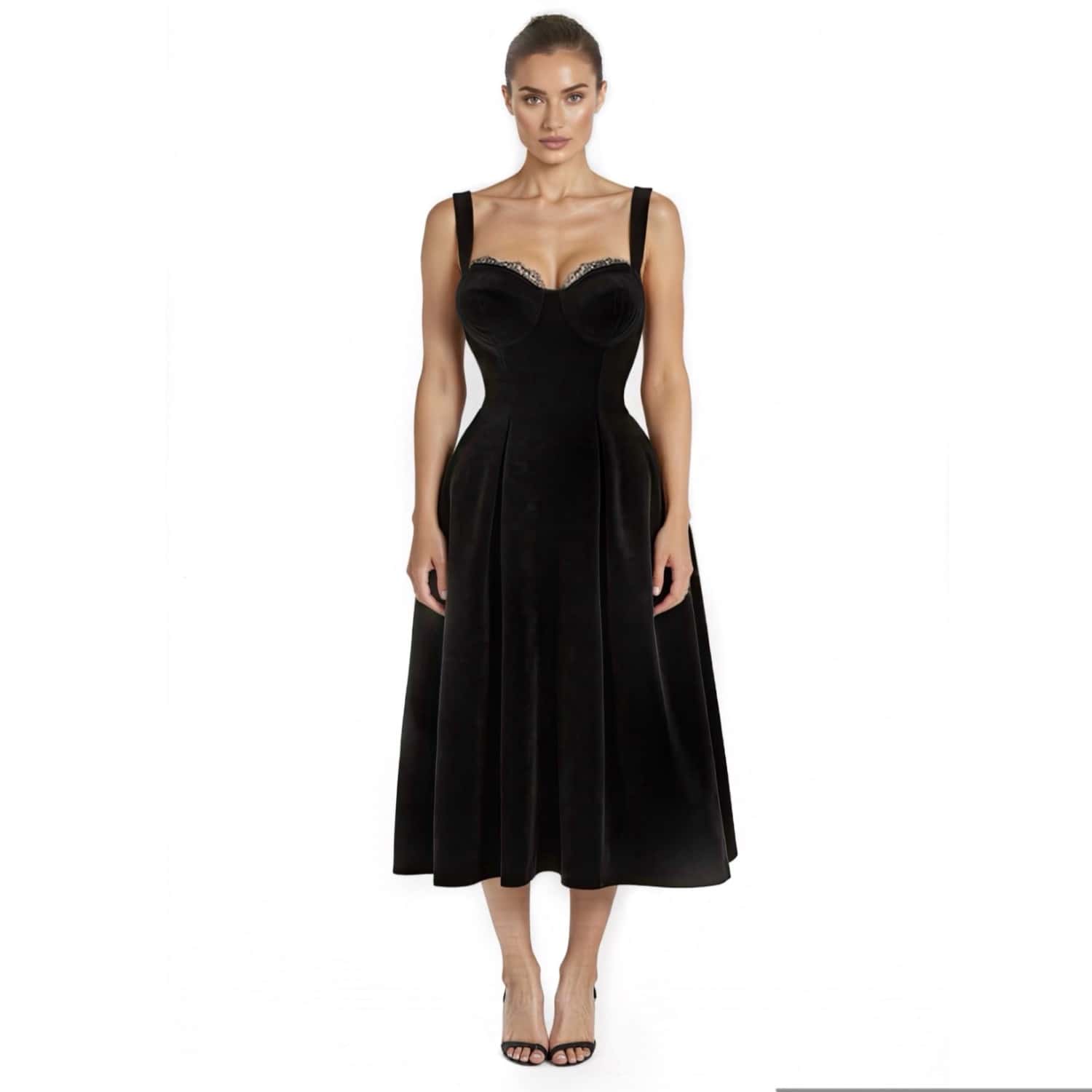 knee length dresses for ladies Jena Glow Bow Velvet Midi Dress Black / Xs by Sugarlips main image 1