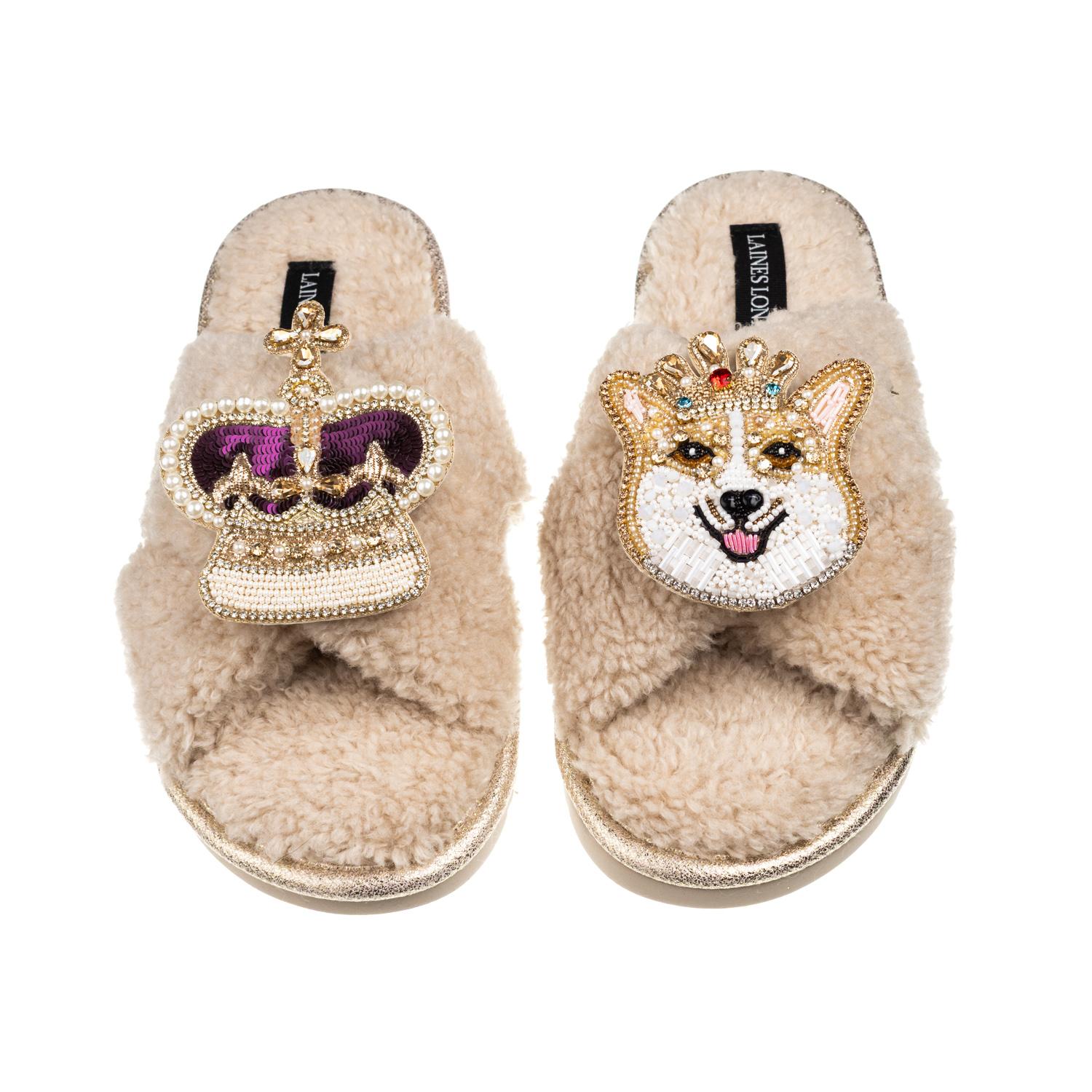 Laines London Women's Brown / Neutrals Laines Neutral Boucle Slippers With Corgi & Crown Brooches - Oatmeal