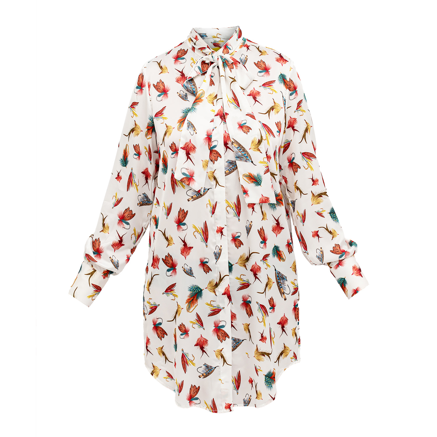 Janara Jones Women's White Fishing Flies Print Satin Long-sleeve Mandarin Collar With Tie Blouse In White