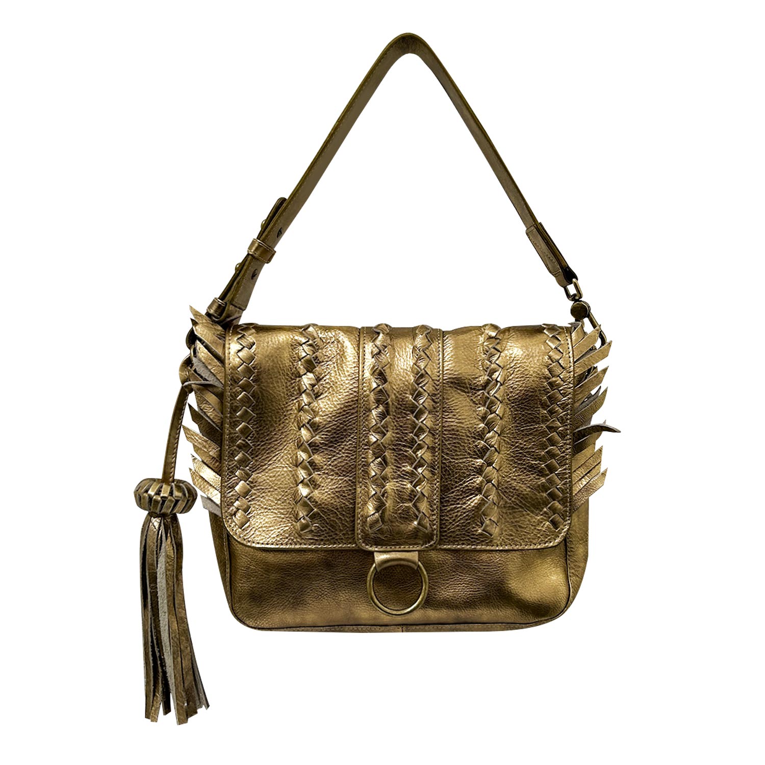 Women’s Seneca Metallic Gold Full-Grain Leather Handbag With Braided Details & Eye-Catching Fringe Bixi Awotan