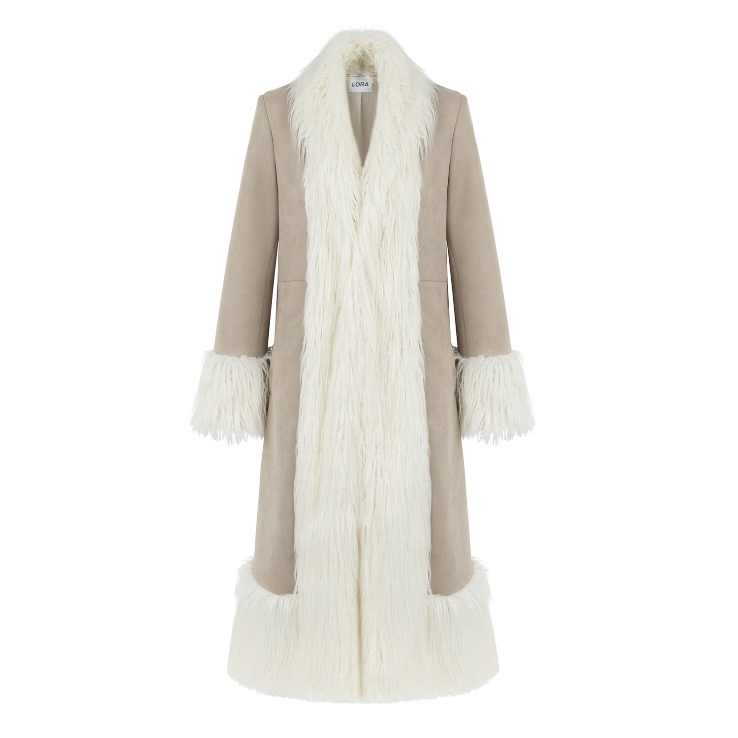 Women’s Neutrals / White Lora Beige Faux Fur Suede Long Coat L