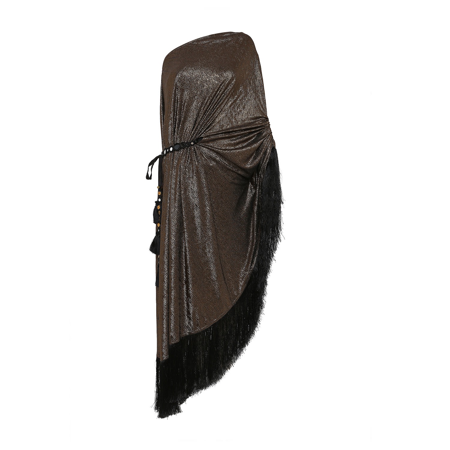 Style Junkiie Women's Brown Copper Metallic One Shoulder Kaftan With Belt In Brown