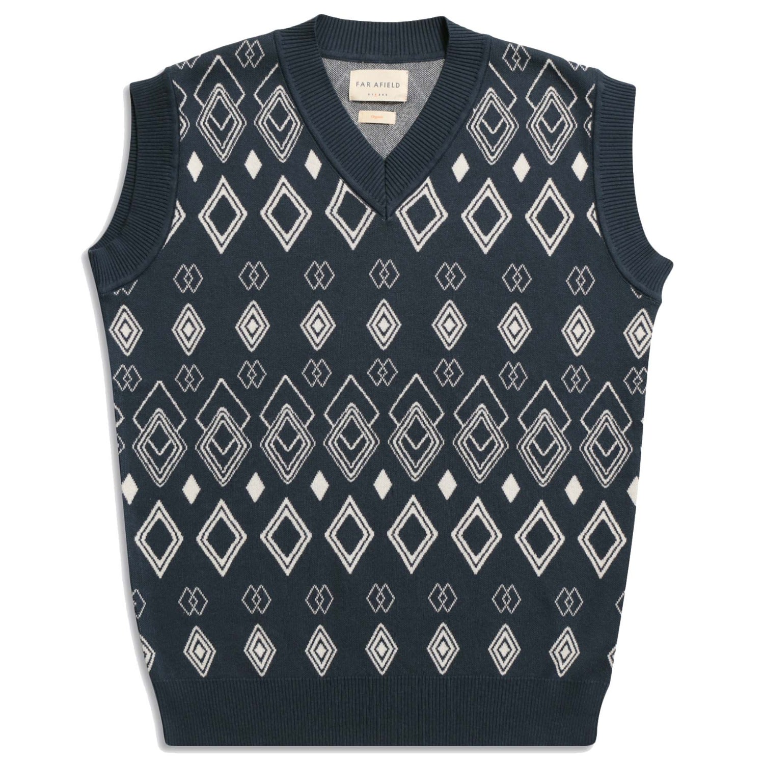 Men’s Far Afield Pinto Knitted Vest - Diamonds Blue Night Large Peraluna