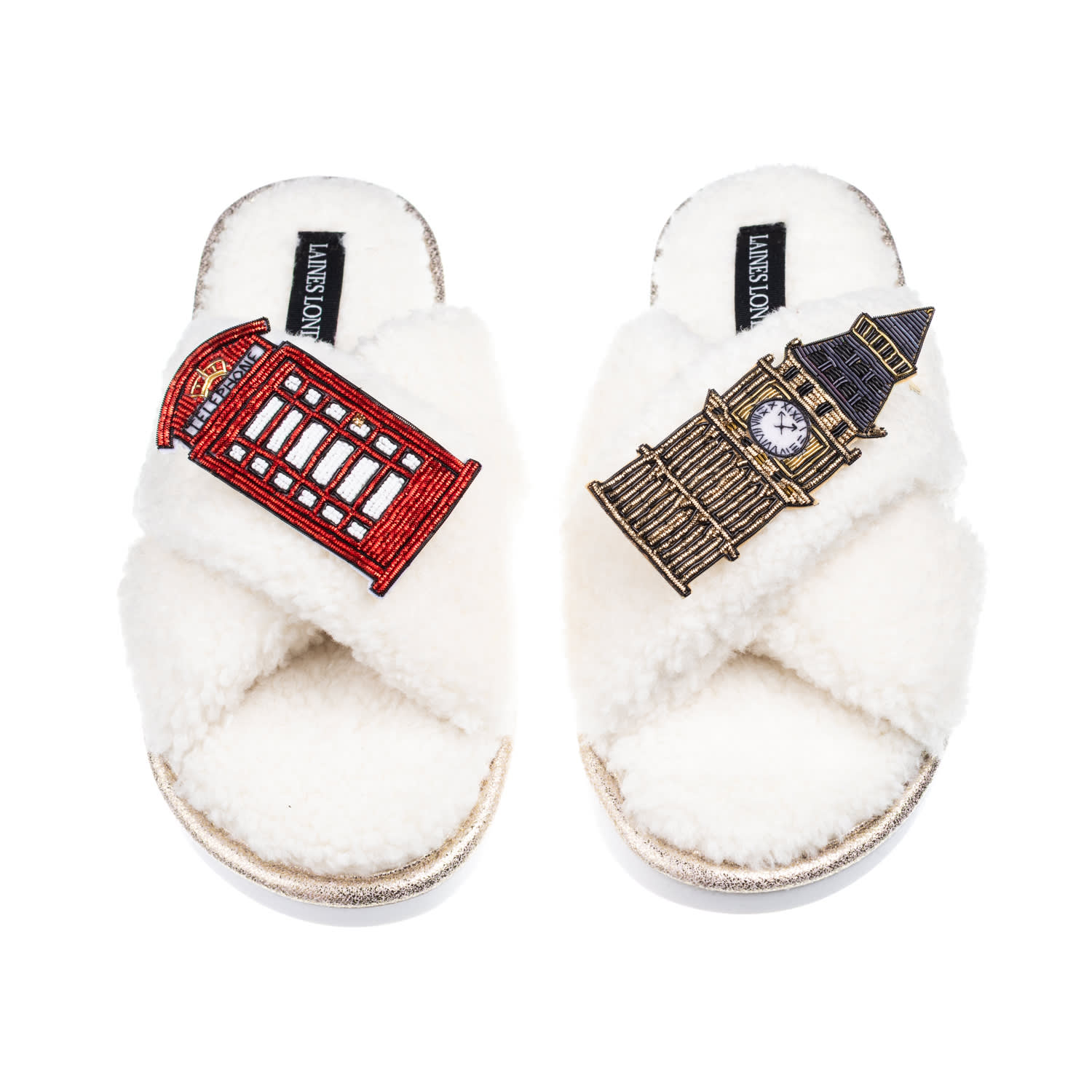 Laines London Women's Neutrals / White Laines Neutral Boucle Slippers With Big Ben & Red Phone Box Brooches - Crea
