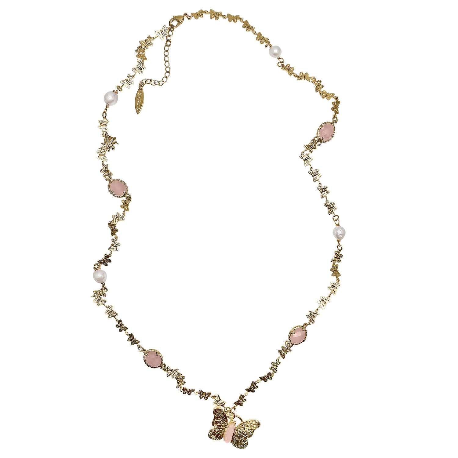 Farra Women's Pink / Purple Butterfly Pendant With Rose Quartz Stones Long Necklace