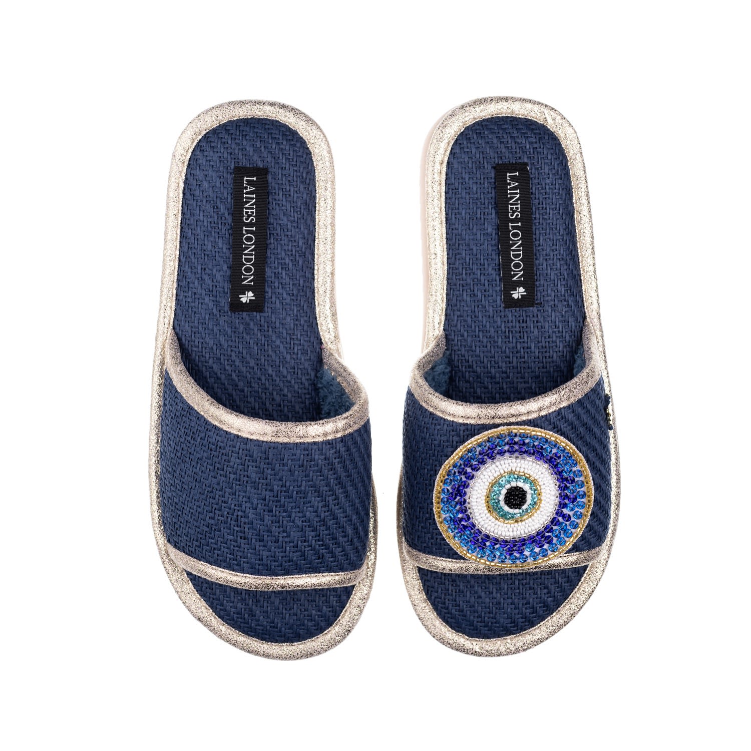 Women’s Blue Straw Braided Sandals With Handmade Couture Evil Eye Brooch - Navy Large Laines London