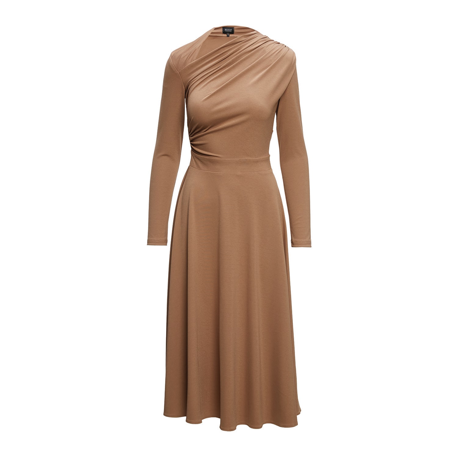 Bluzat Women's Neutrals Camel Midi Dress With  Draping In Beige