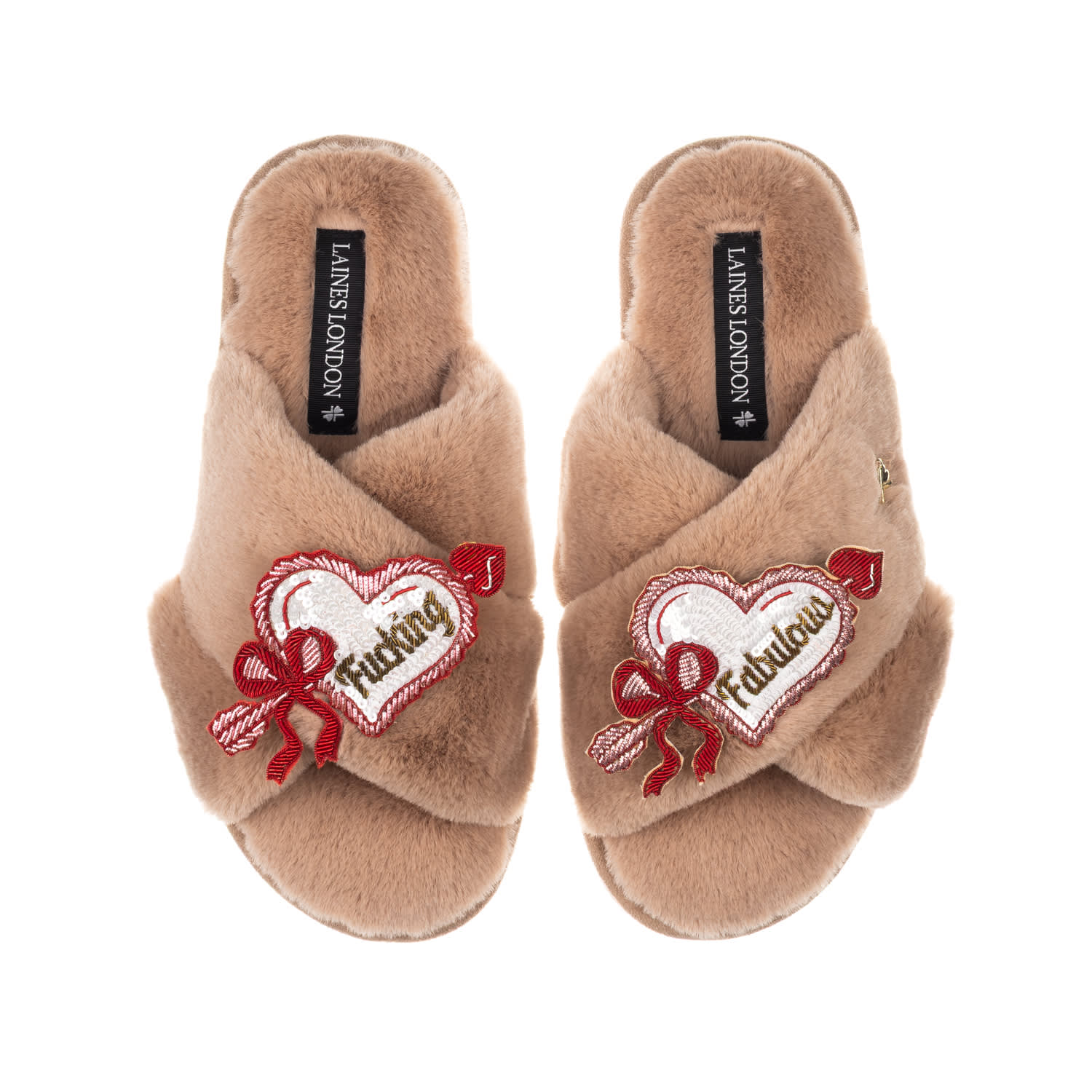 Women's Brown / Neutrals Classic Laines Slippers With Fucking Fabulous Hearts Brooches - Toffee | Large | Laines London
