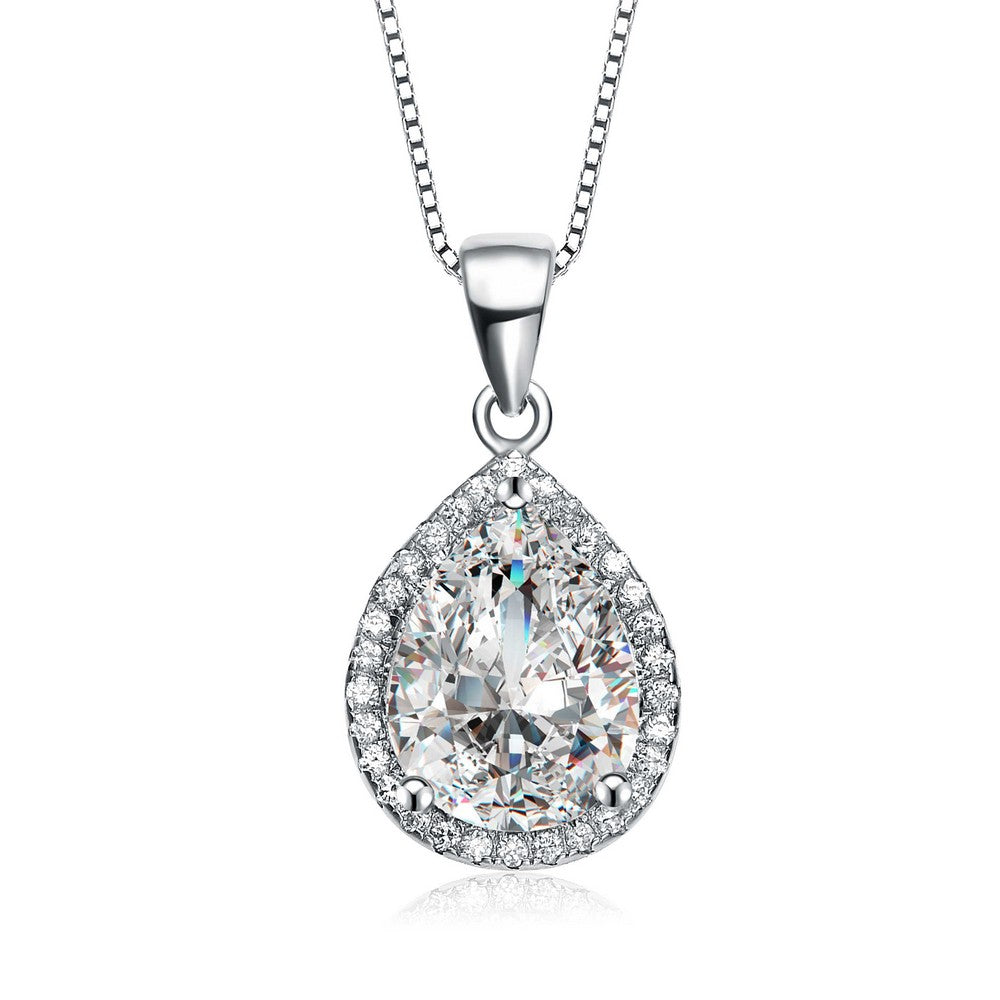 Women’s Sterling Silver Clear Cubic Zirconia Teardrop Shaped Pendant Necklace Genevive Jewelry