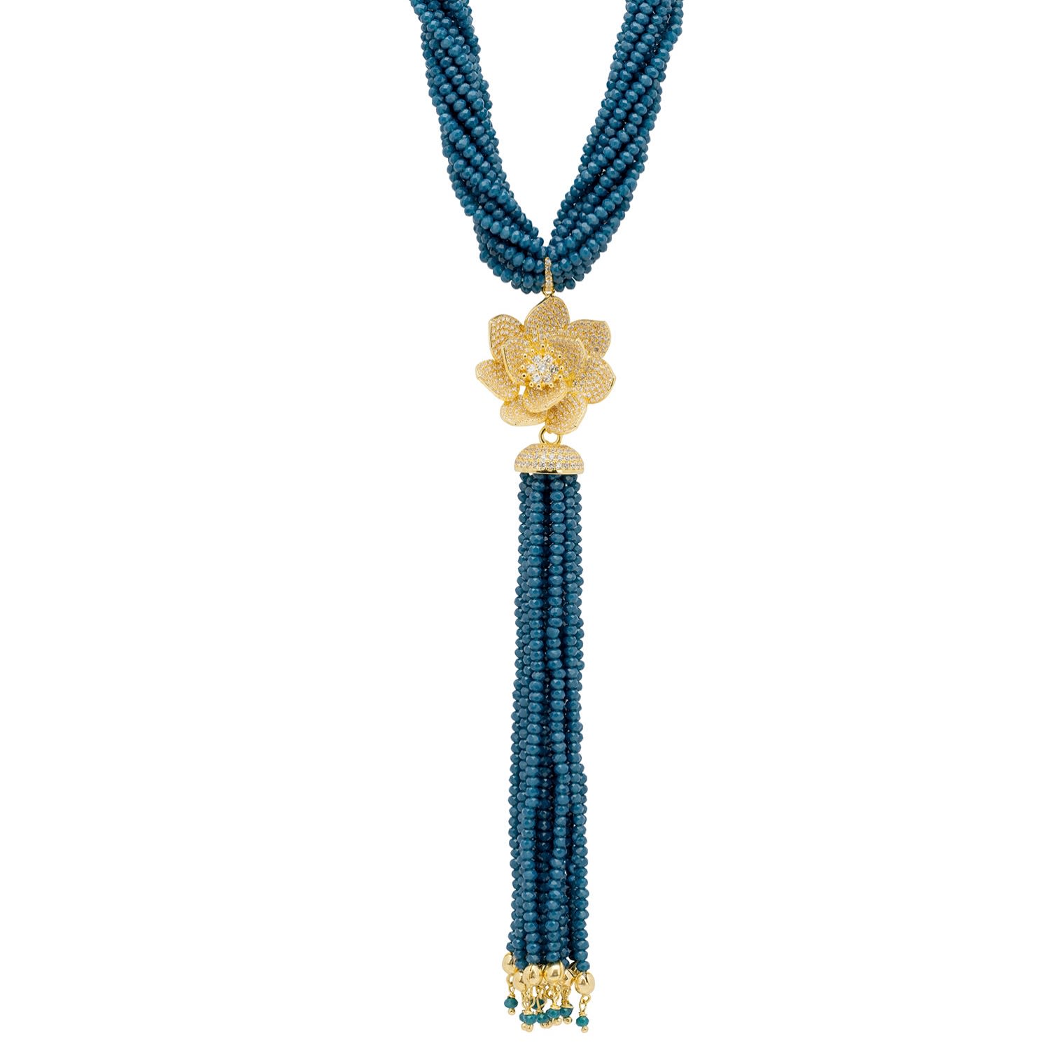 Women’s Gold / Blue / White Lotus Flower Tassel Statement Necklace Iolite Blue Gold Latelita