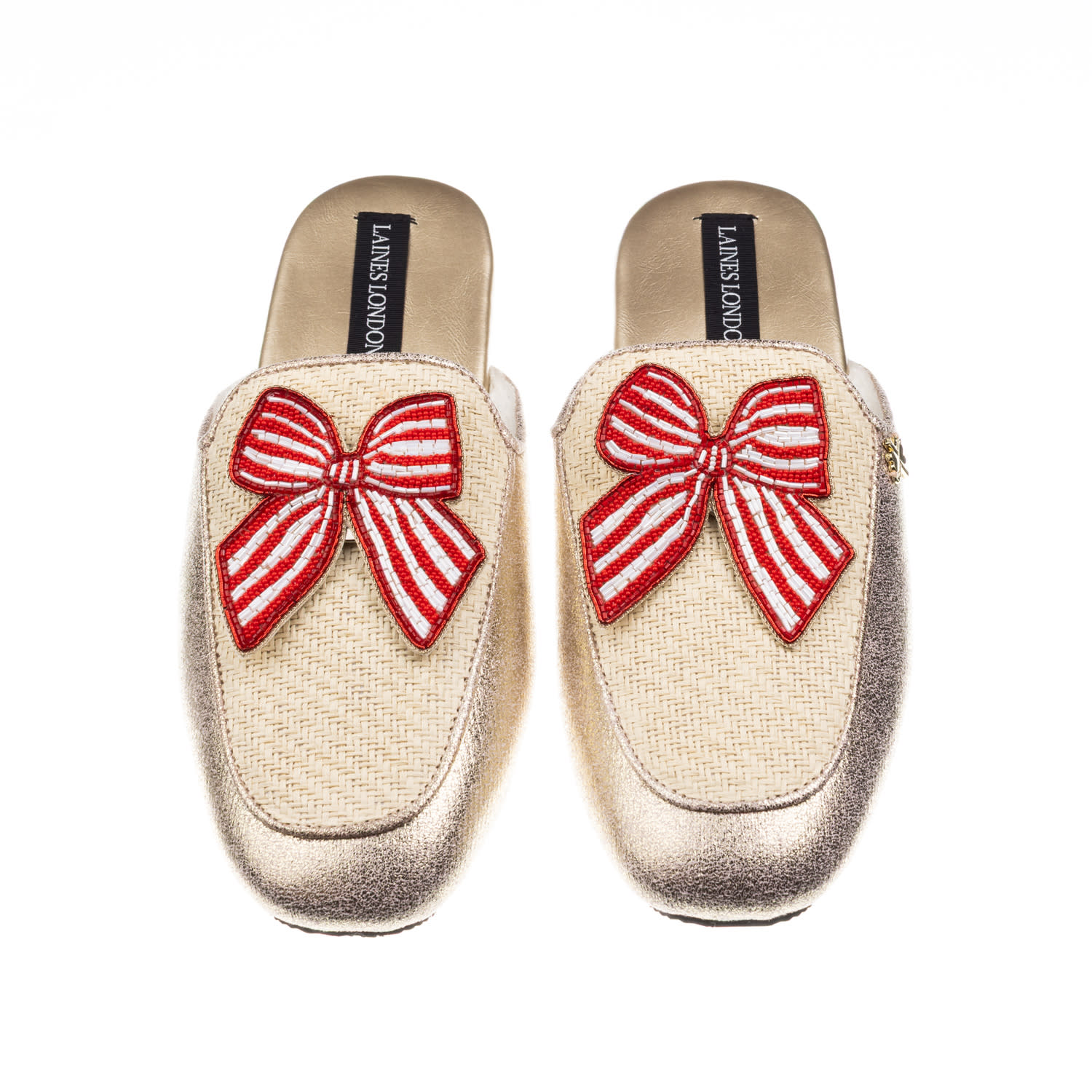 Laines London Women's Gold / Neutrals / White Classic Mules With Red Stripe Bow Brooches - Cream & Gold In Multi