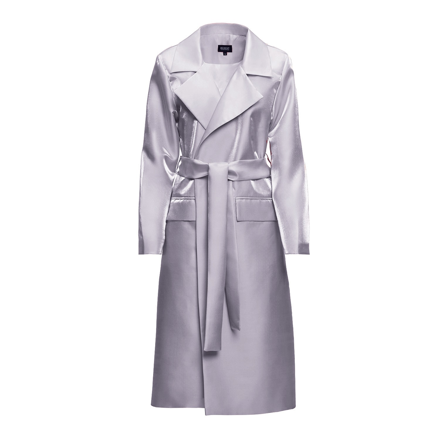 Bluzat Women's Metallic Grey Straight Overcoat With Belt