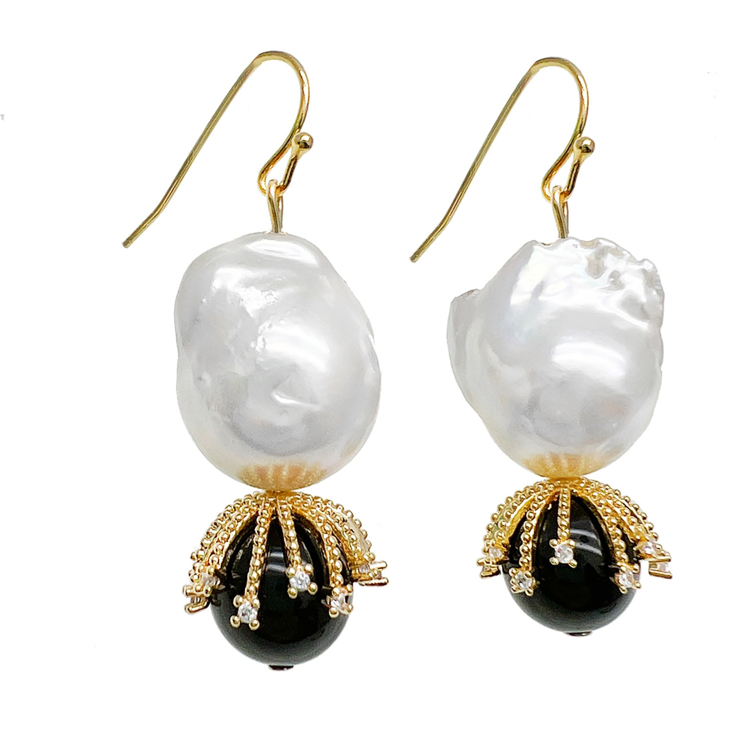 Farra Women's White / Black Baroque Pearls With Black Obsidian Timeless Earrings In Multi