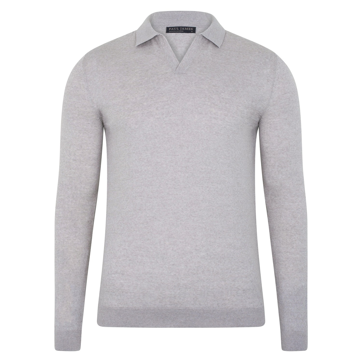 Mens Ultra Fine Merino Pedro Buttonless Polo Shirt - Warm Grey Extra Large Paul James Knitwear