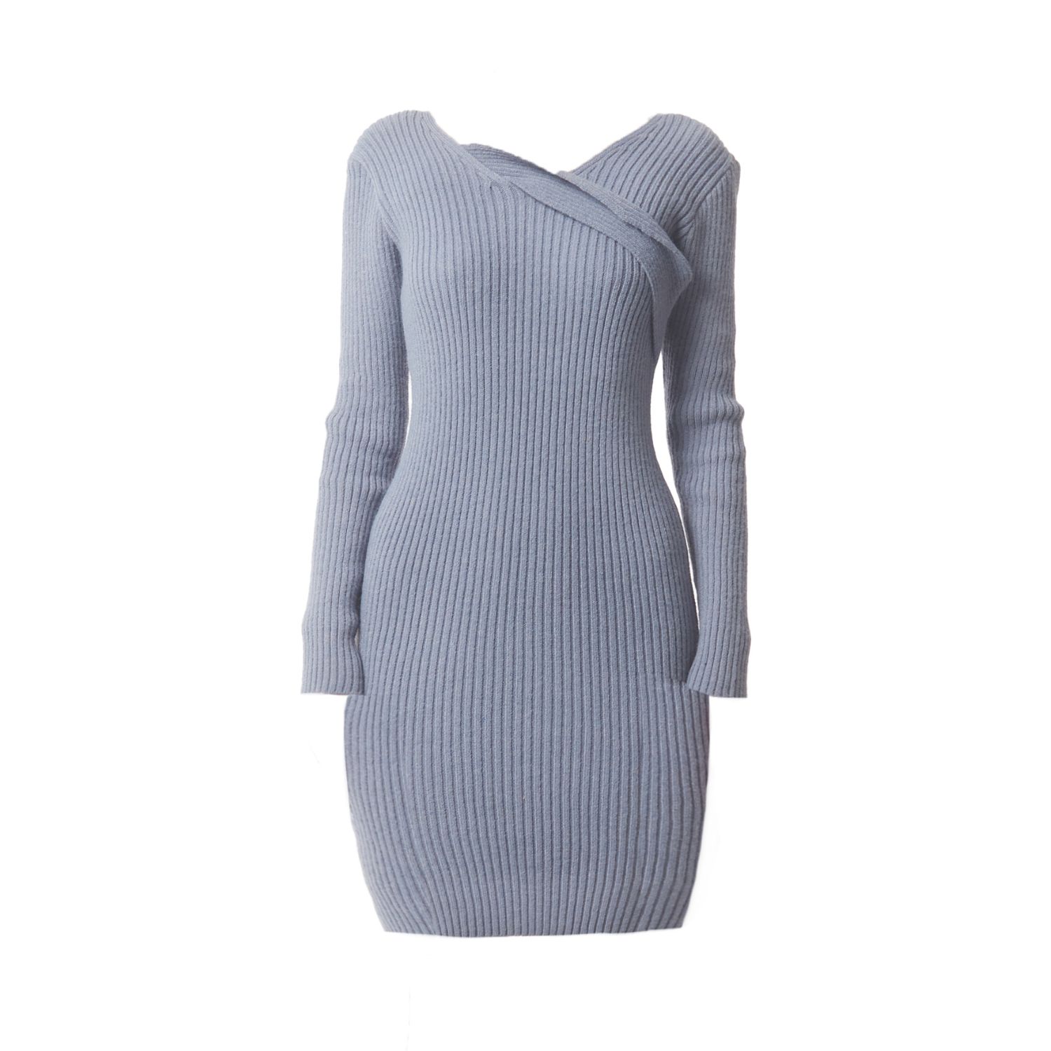 Sour Figs Women's Asymmetric Slant Band Knit Midi Dress In Cadet Grey In Grey