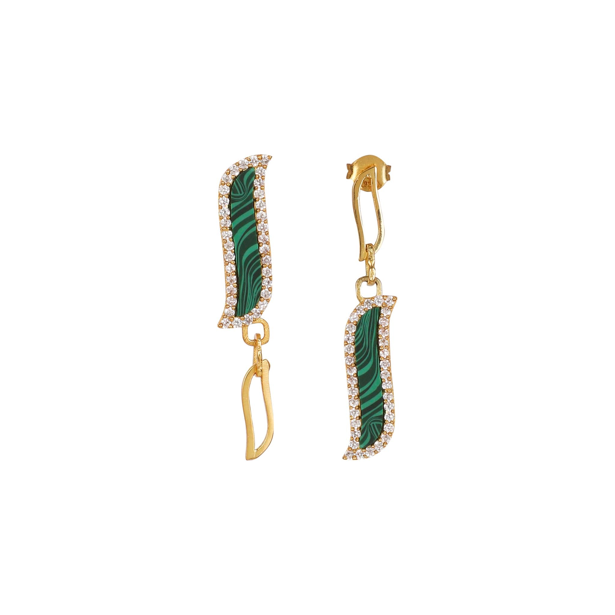 Lila Rasa Women's Gold / Green Asymmetric Earrings - Malachite Wave Symphony In Multi